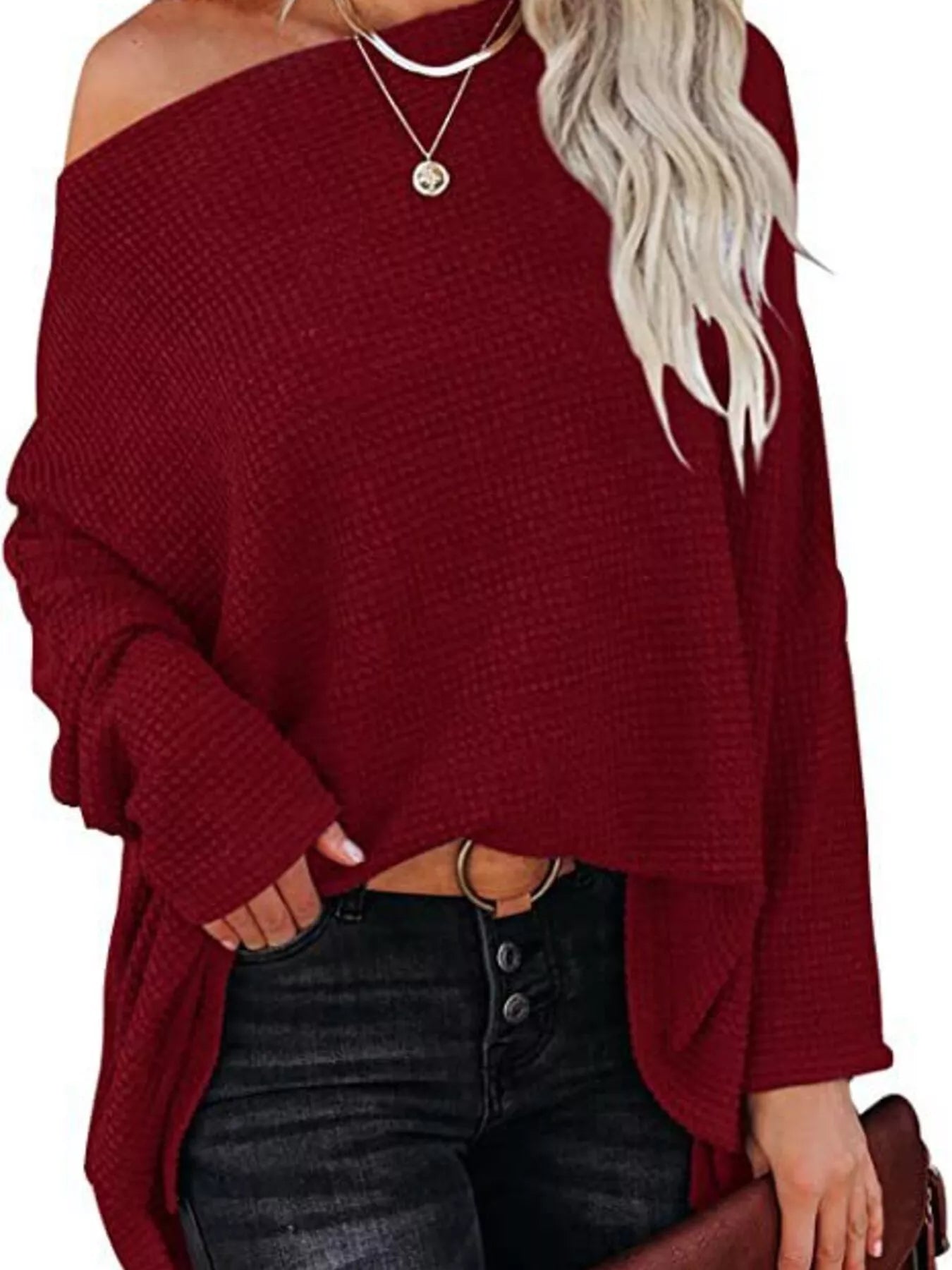 Trendsi Boat Neck Waffle Knit Top -