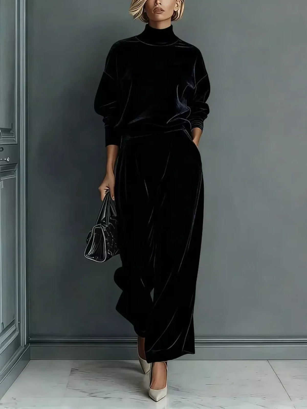 Black velvet mock-neck top and wide-leg pants set, full front view.