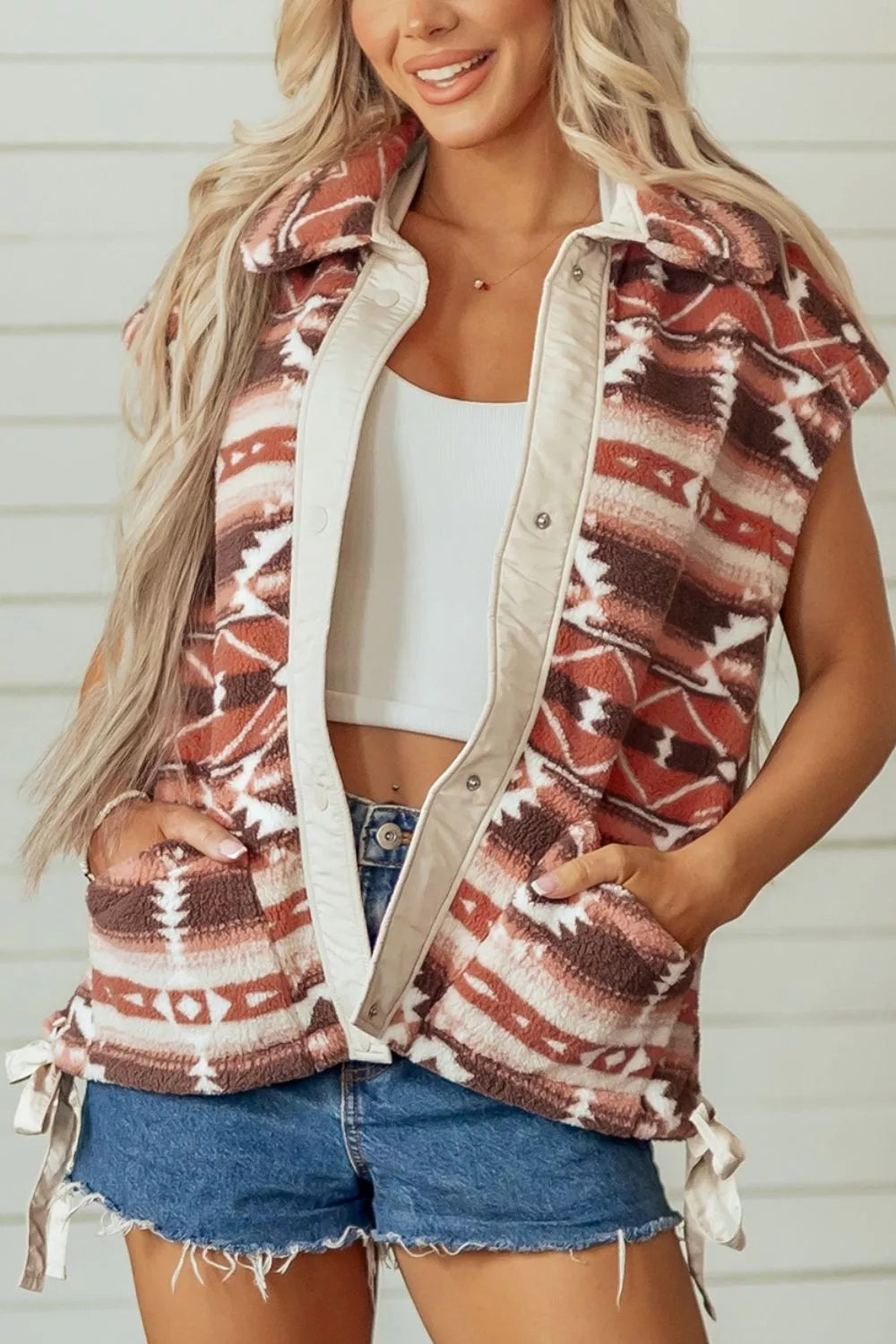 Trendsi Geometric Print Fleece Metal Button Placket Shift Silhouette Vest -