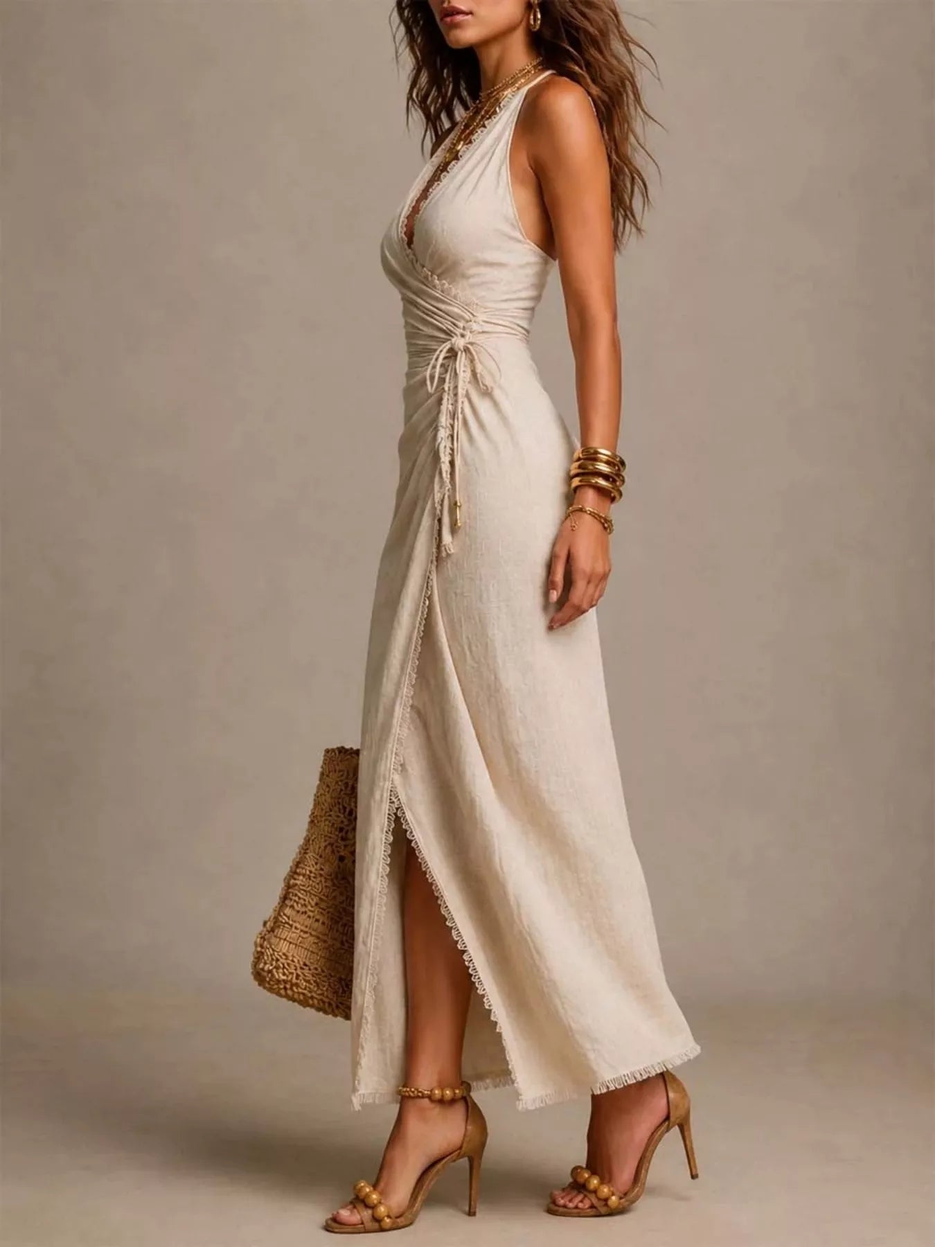 Trendsi Lace-Trimmed Slit Wrap Midi Dress -