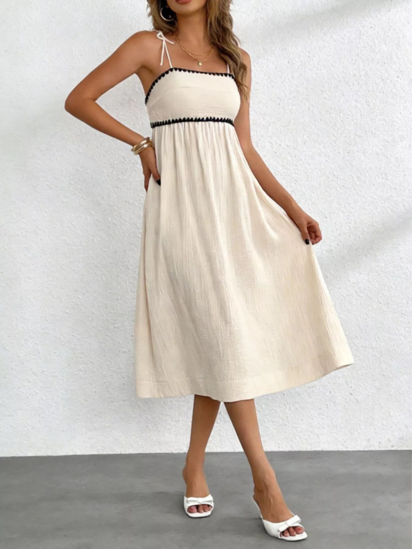 Trendsi Contrast Trim Tie Shoulder Midi Dress -