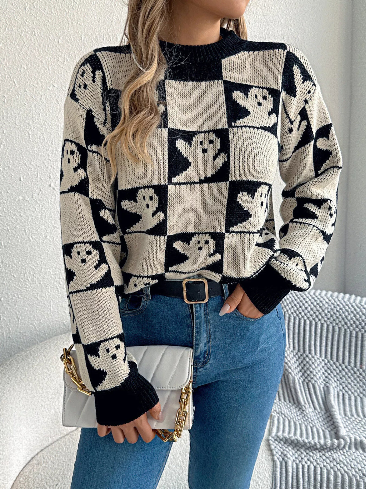 Checkerboard Halloween Graphic Sweater in black ghost, front view