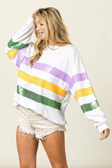 Trendsi BiBi Sequin Mardi Gras Striped Round Neck Sweatshirt -
