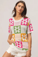 Trendsi BiBi Flower Checker Pattern Lightweight Sweater Top -