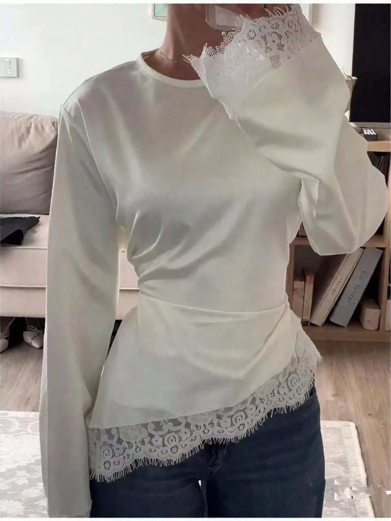Trendsi Satin Lace Trim Flare Sleeve Blouse -