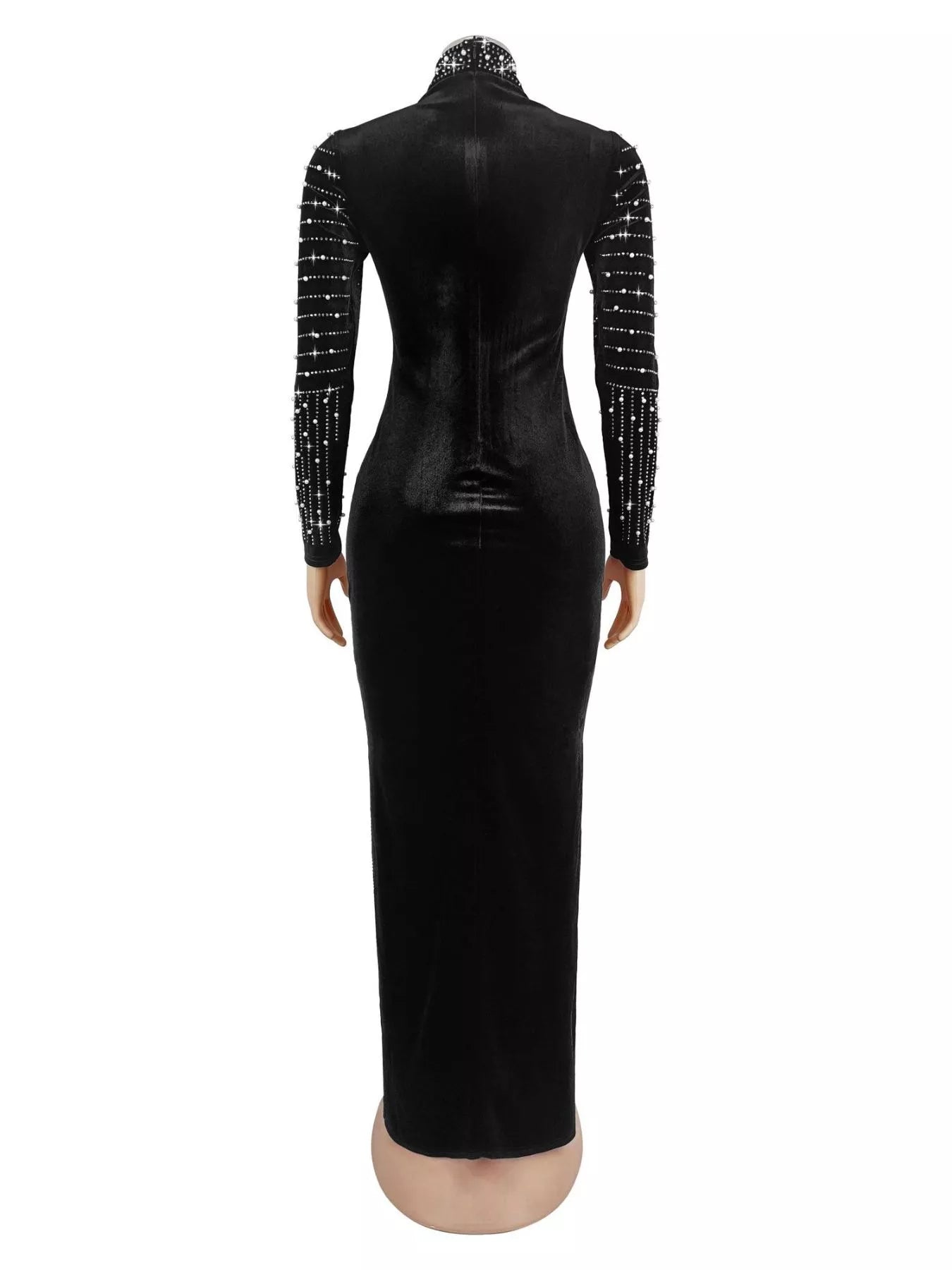 Trendsi Rhinestone Embellished Mock Neck Long Sleeve Maxi Dress -