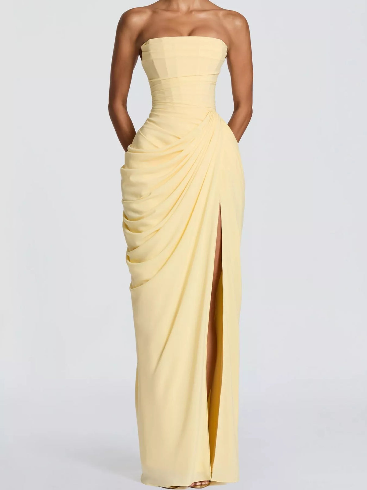 strapless maxi dress, front view on model