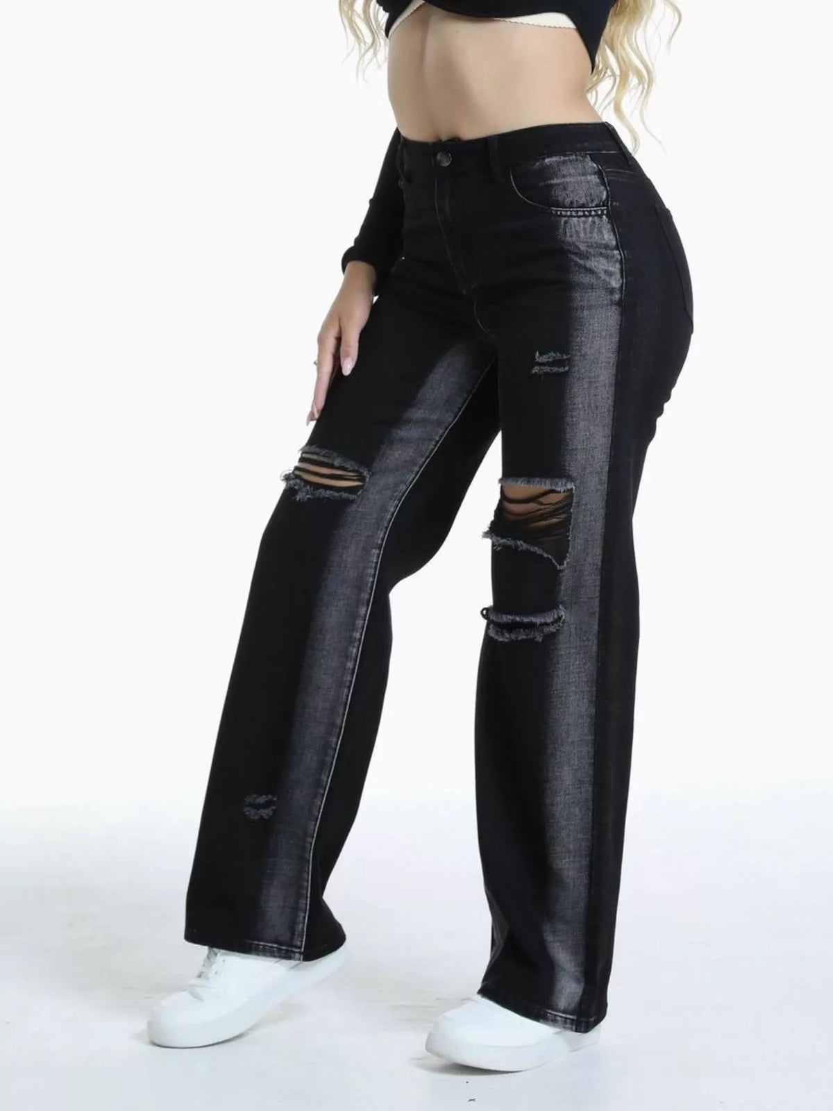 Contrast Panel Ripped Wide-Leg Jeans in black, front view
