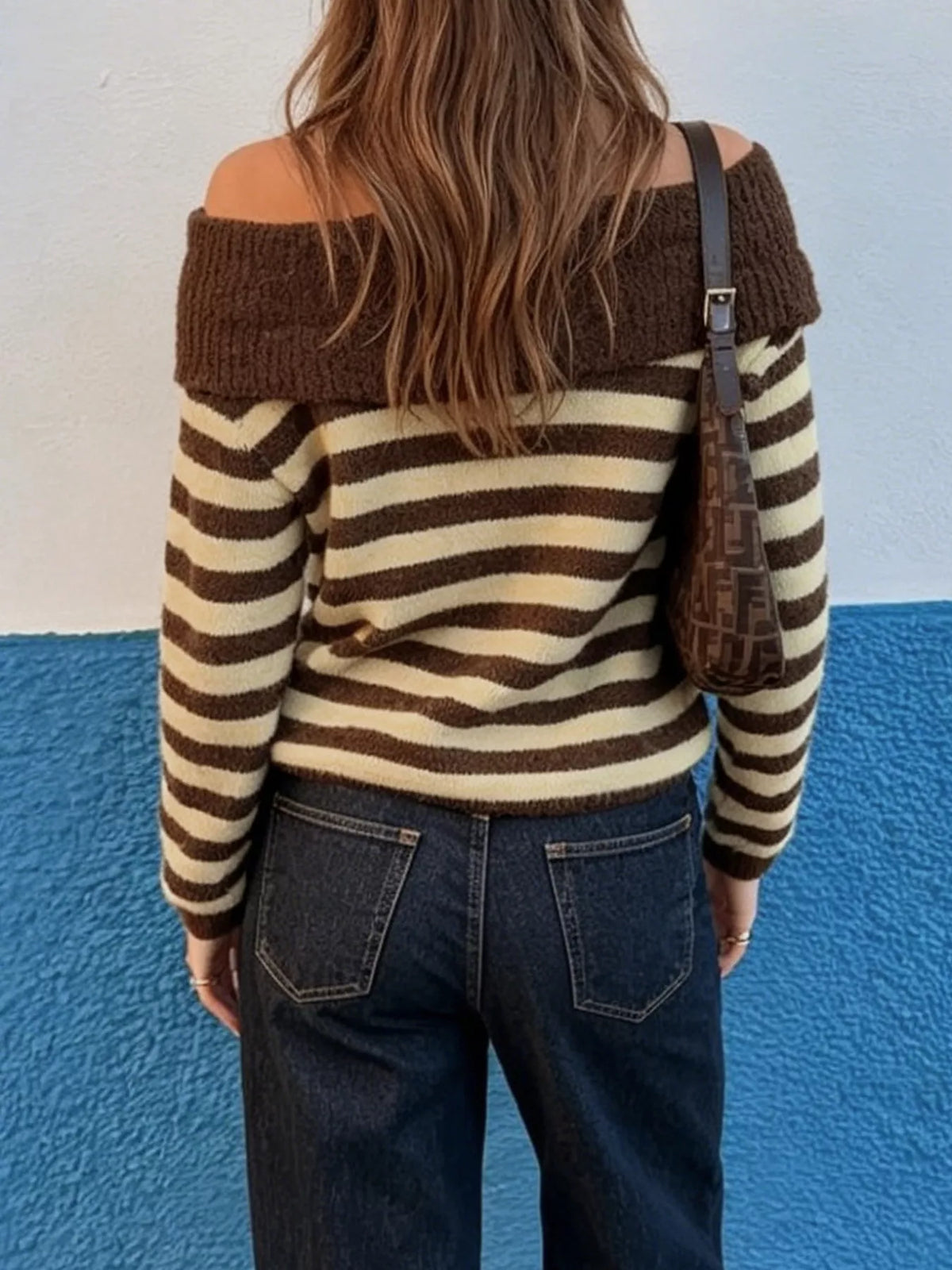 Coffee brown off-shoulder striped knit top
