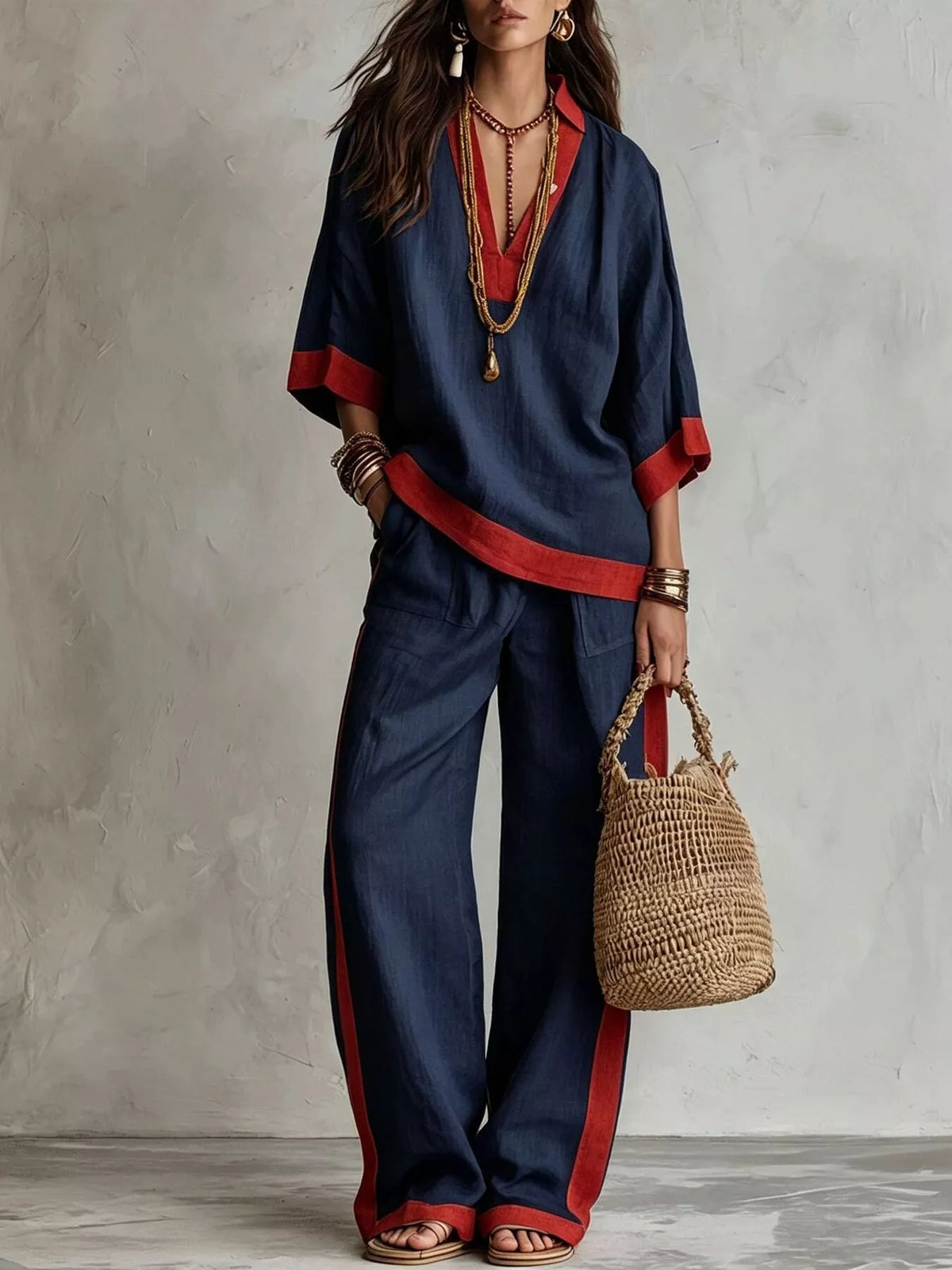 Contrast Trim Top and Wide Leg Pants Set in navy, front view