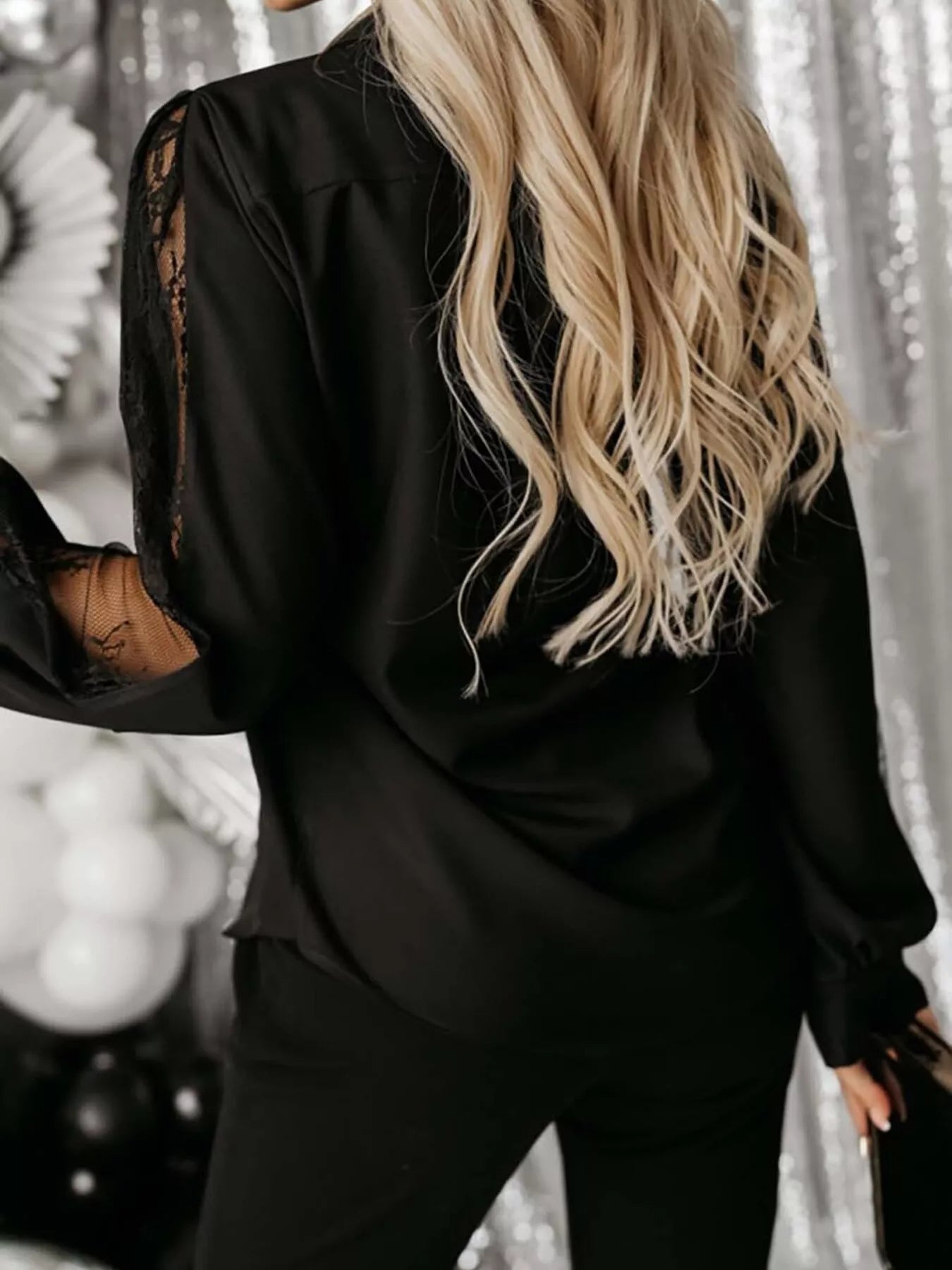 Trendsi Lace-Sleeve Button Up Shirt -