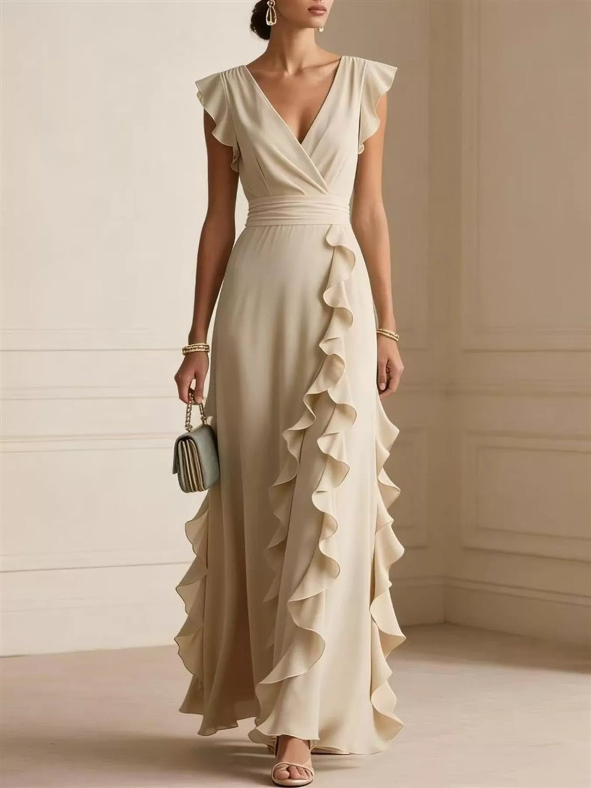 Women's Ruffled Surplice Maxi Dress in Apricot Color, front view