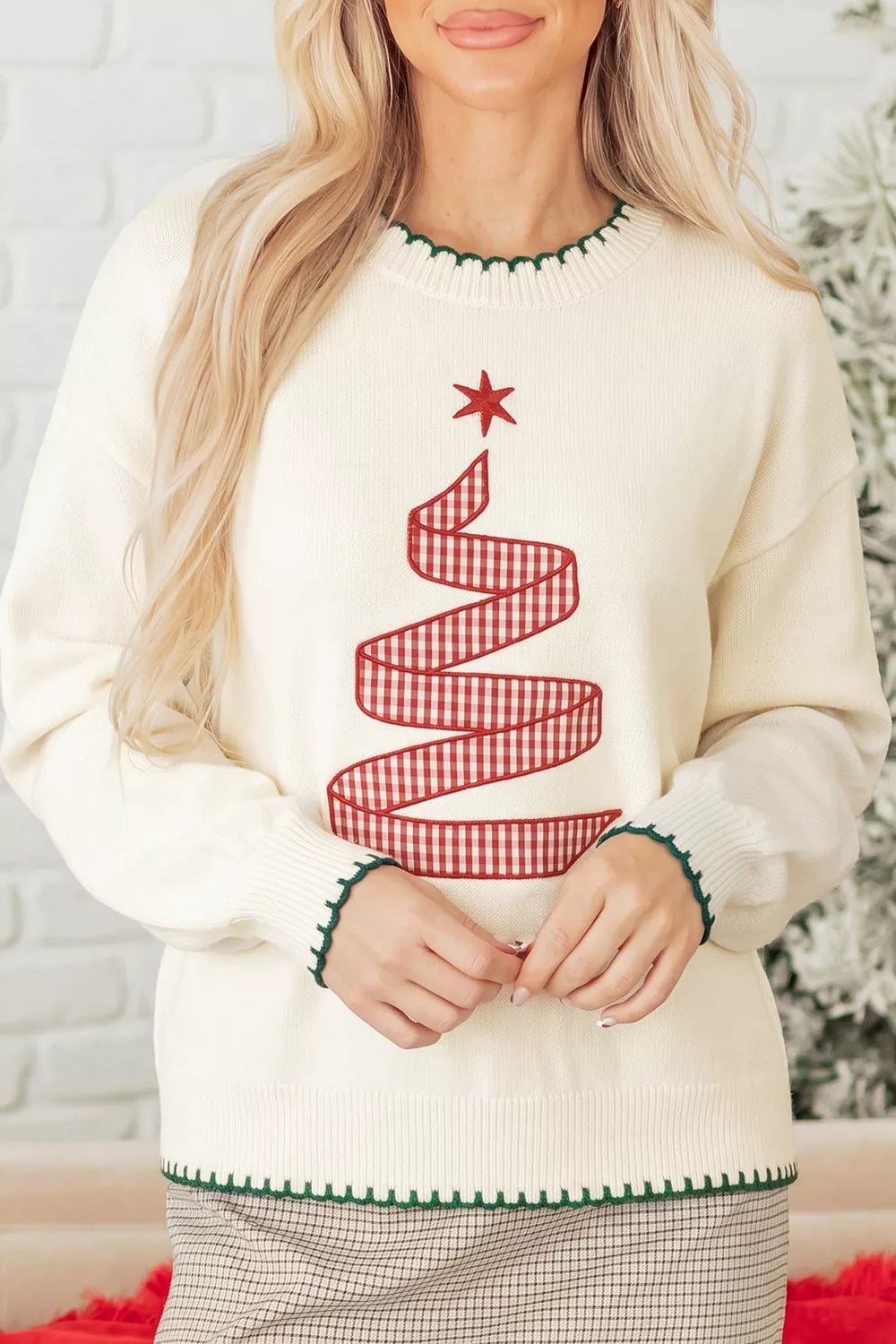 Trendsi Stitched Detail Christmas Tree Holiday Casual Sweater -