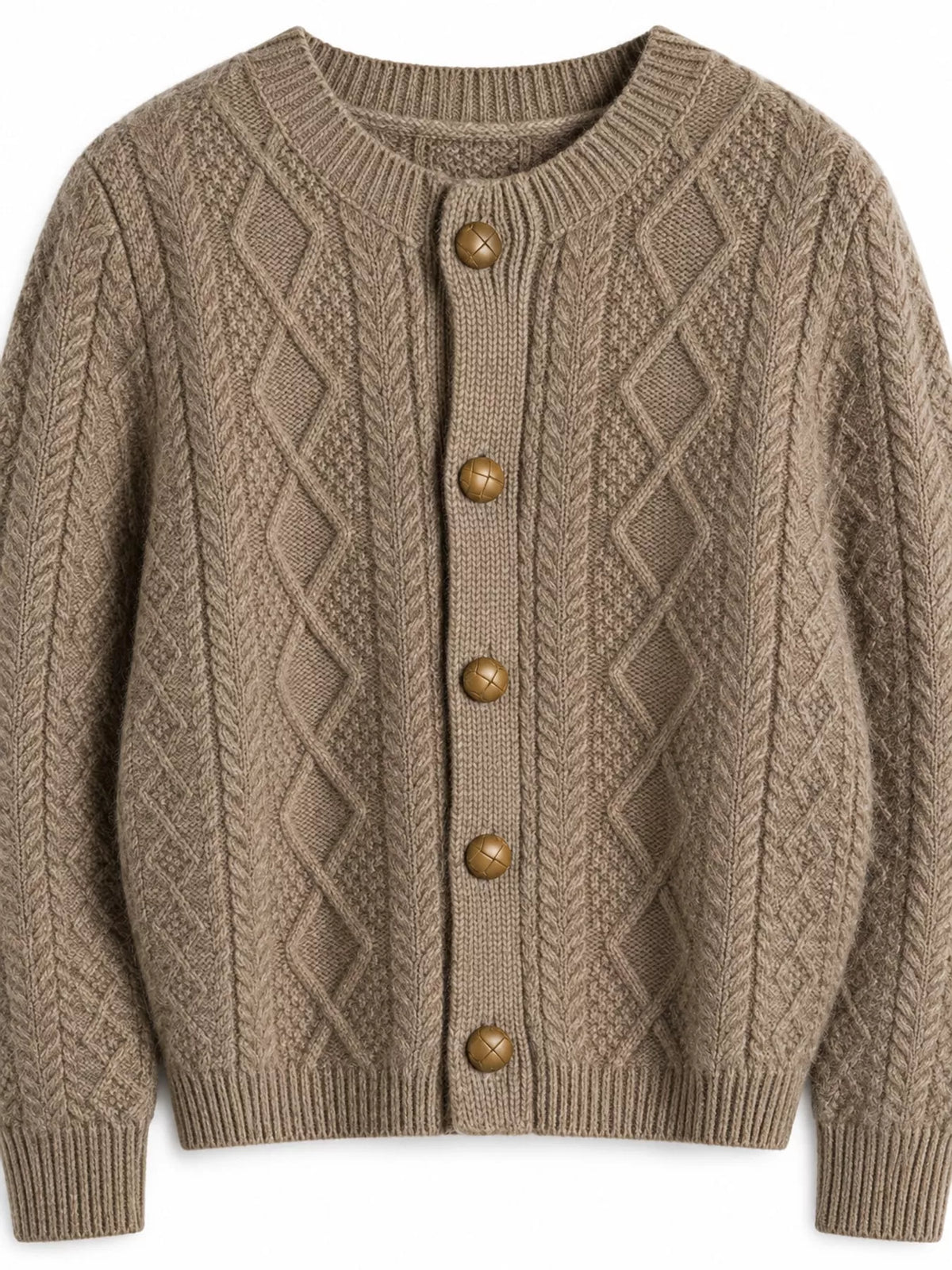 Camel cable-knit button-down cardigan