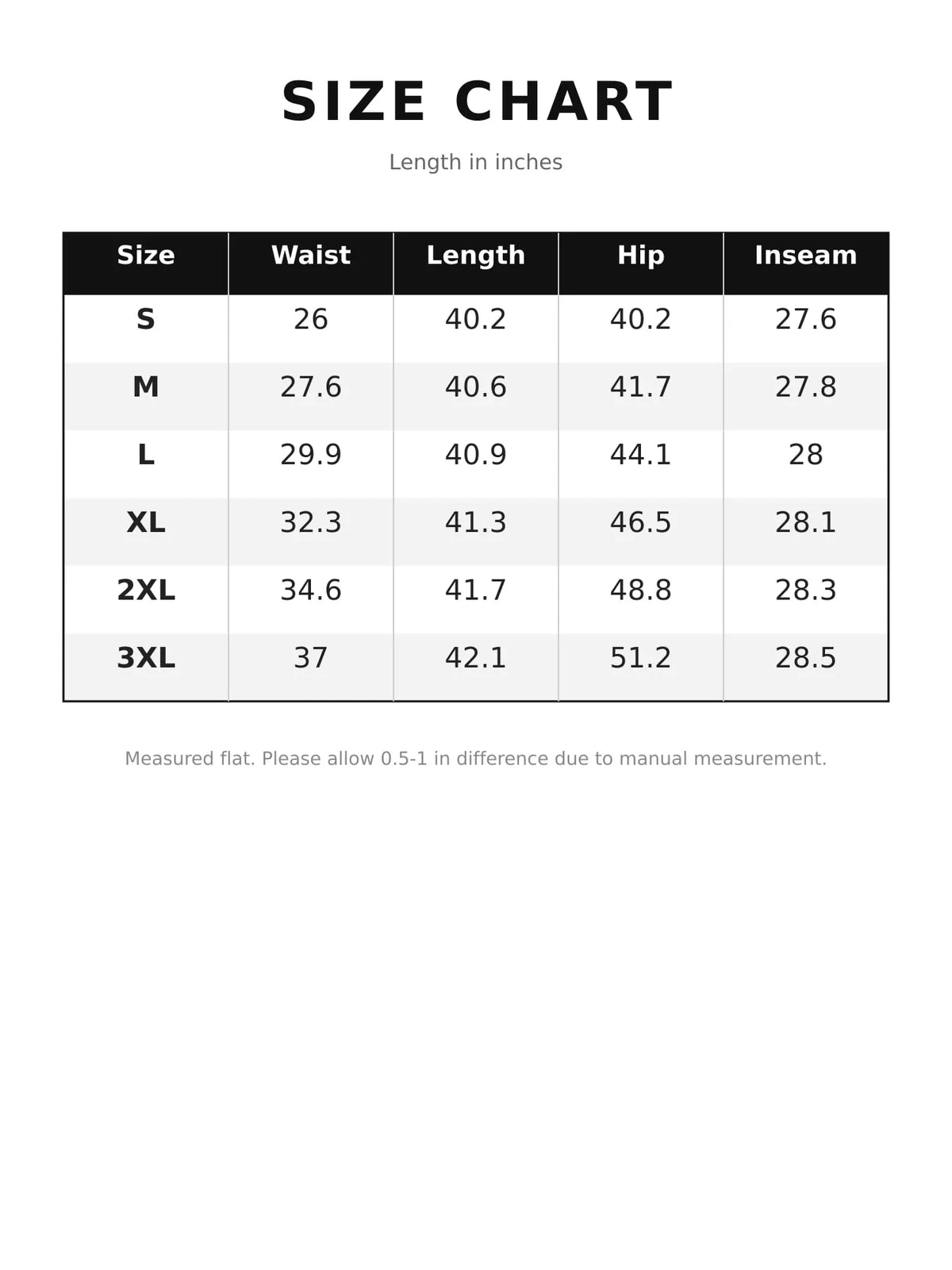 pants, size and measurement chart
