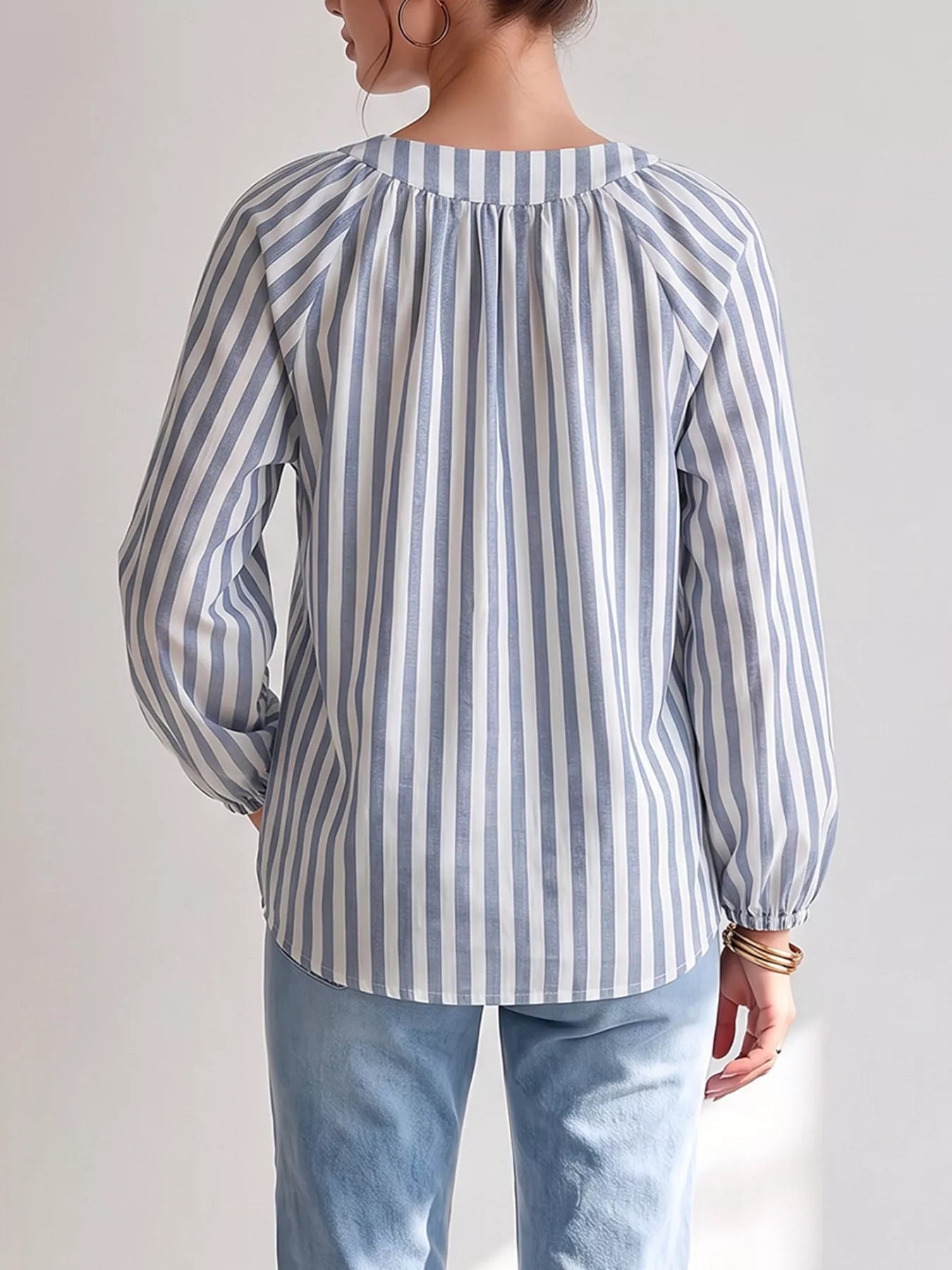 Trendsi Striped Tie Front Long Sleeve Blouse -