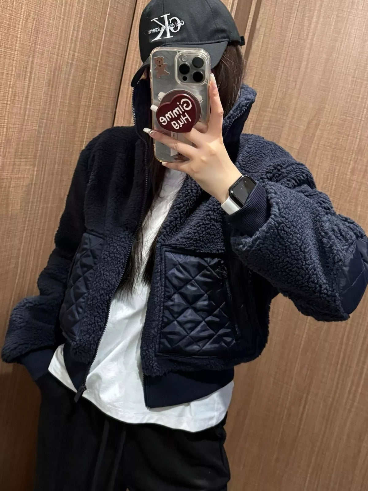 Navy sherpa quilted zip up jacket