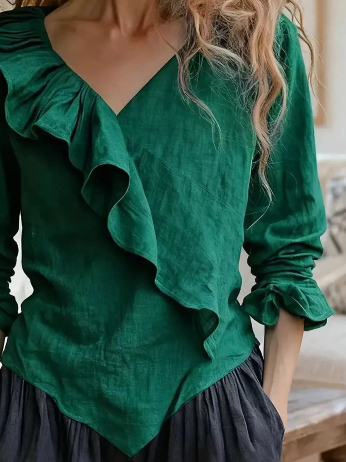 Trendsi V-Neck Ruffled Long Sleeve Blouse -