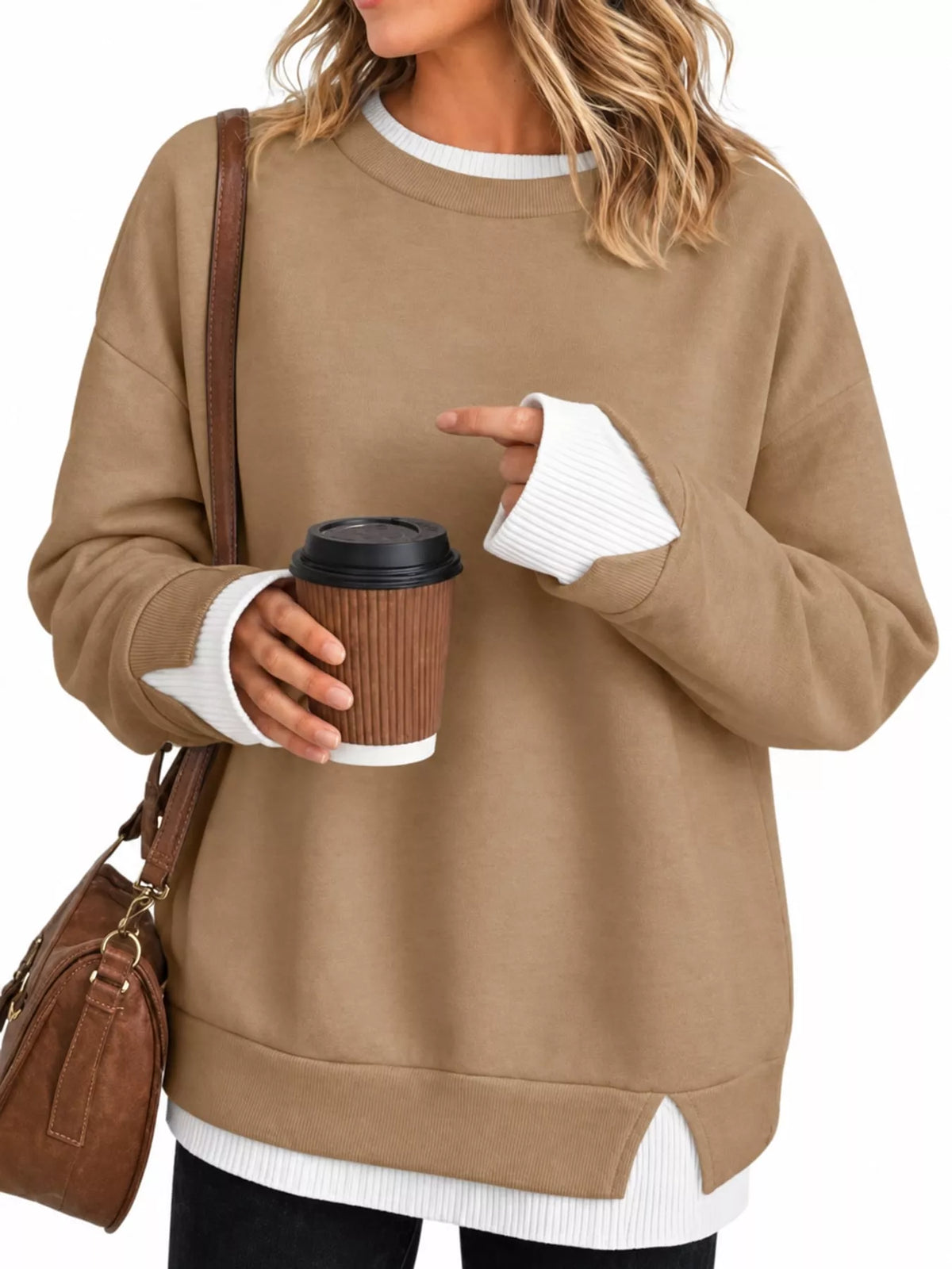 Layered Look Crew Neck Sweatshirt in brown, front view