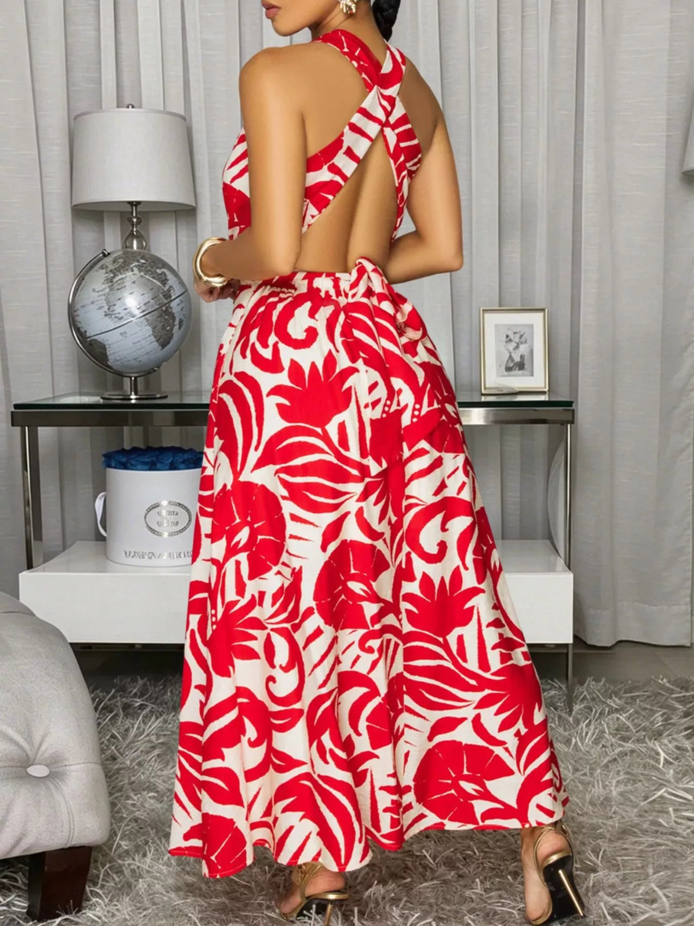 Trendsi Backless Printed Sleeveless Maxi Dress -