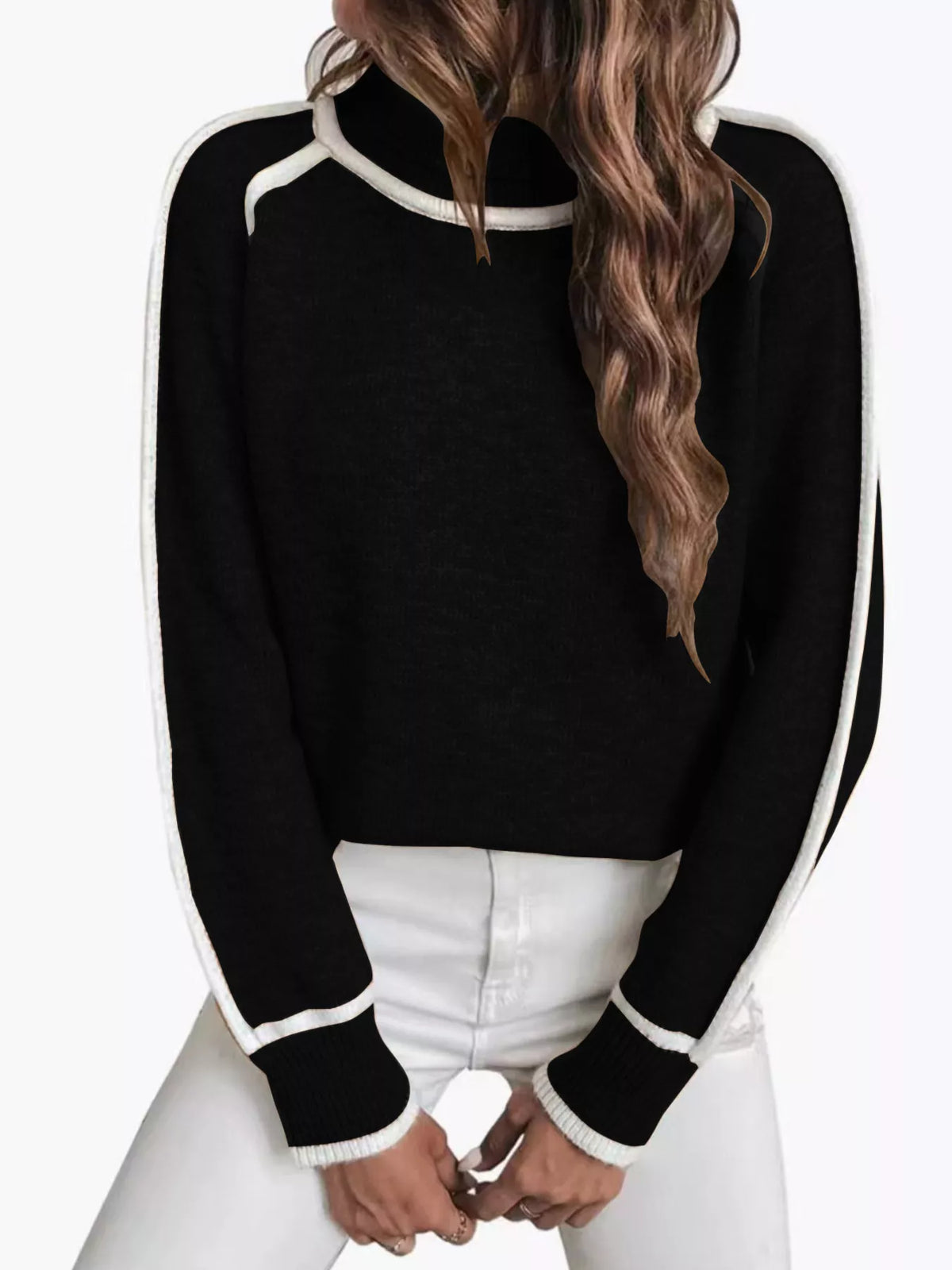 Women's Contrast Trim Ribbed Hem Turtleneck Sweater in Apricot, front view