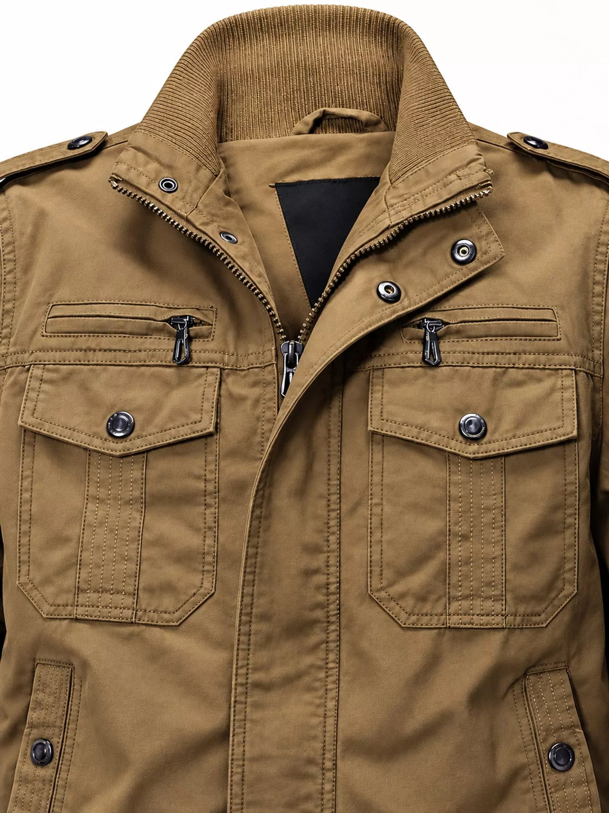 Multi-Pocket Tactical Bomber Jacket — garment construction details
