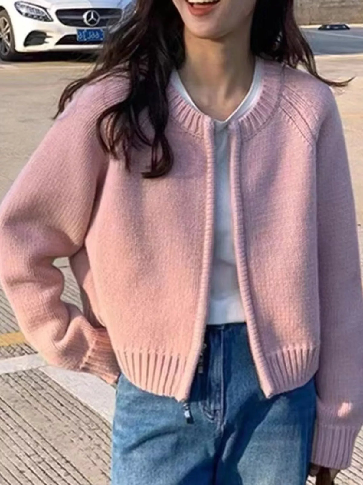 Ribbed-hem cardigan, pink open front