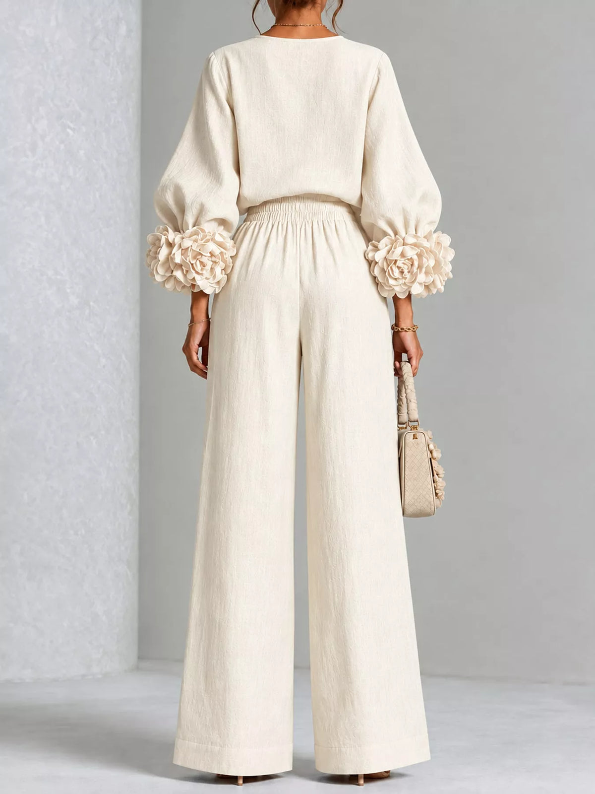 Floral Sleeve Embellishments Top and Pants Set — back view