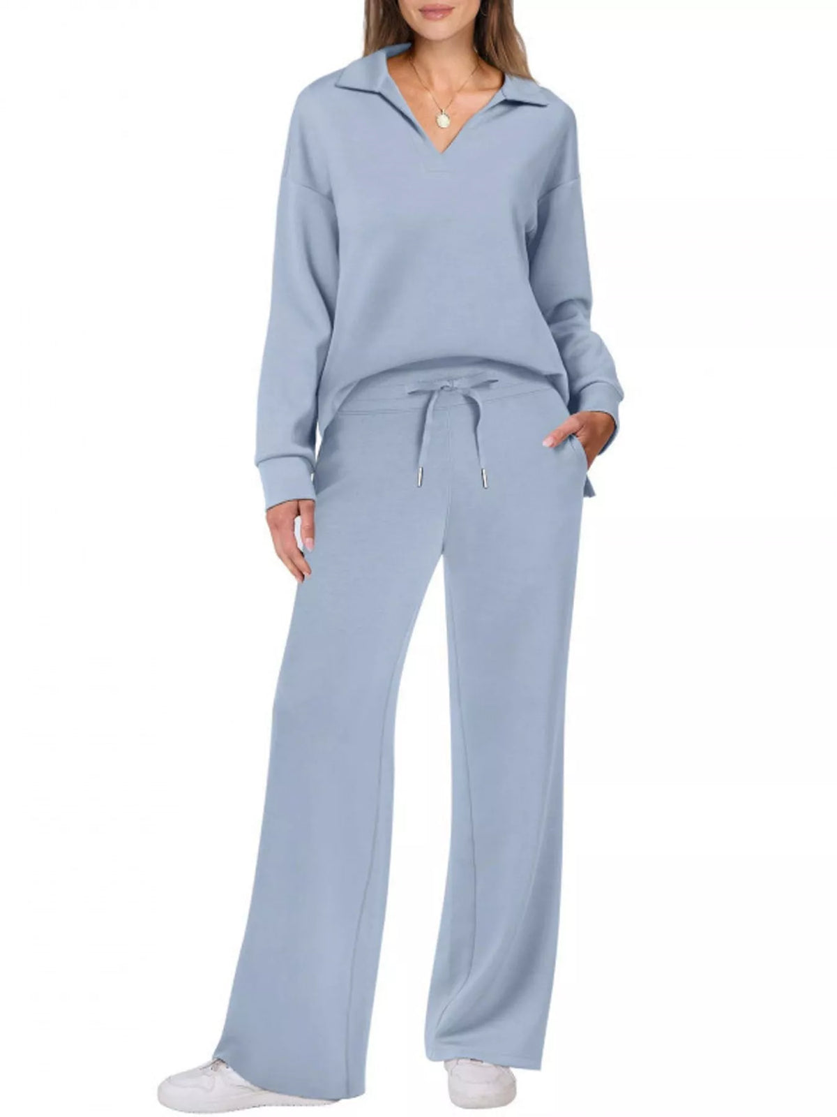 Top and drawstring pants set, blue front