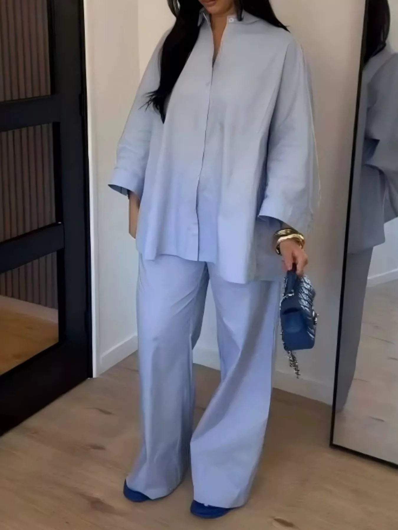 Trendsi Button-Down Shirt and Wide-Leg Pants Two-Piece Set -