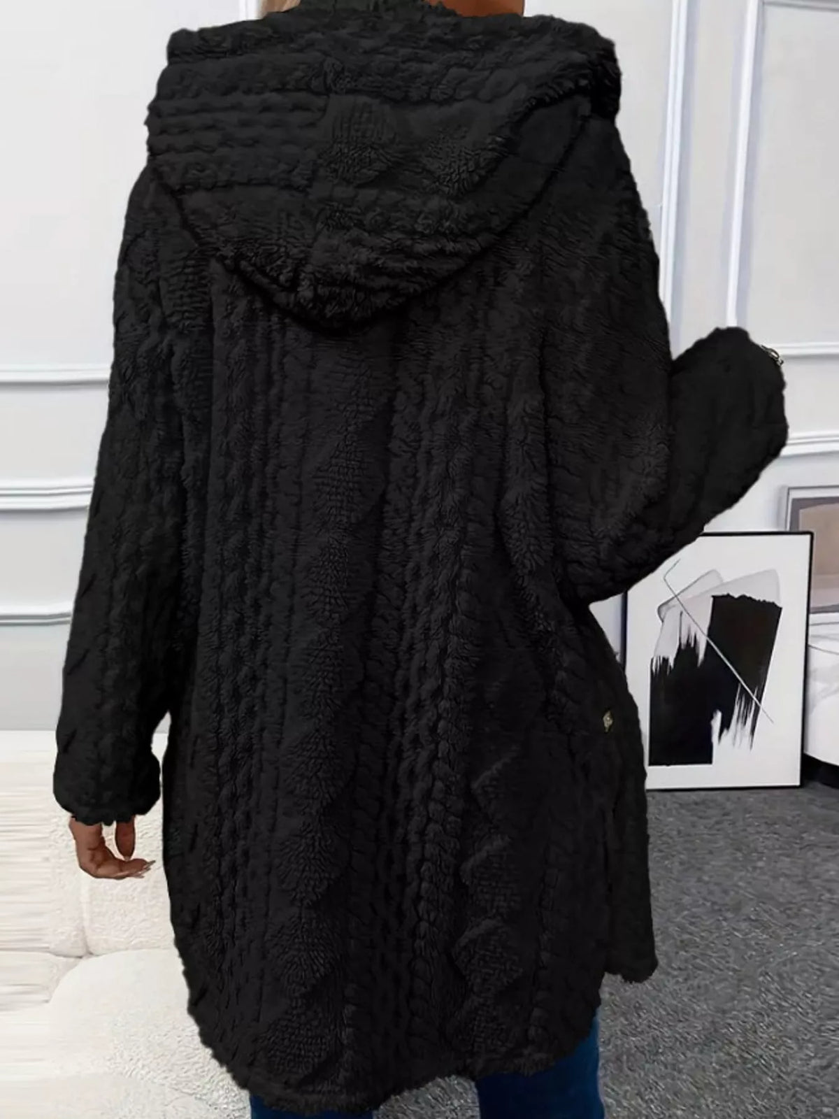 Black cable knit faux fur hooded jacket, back view