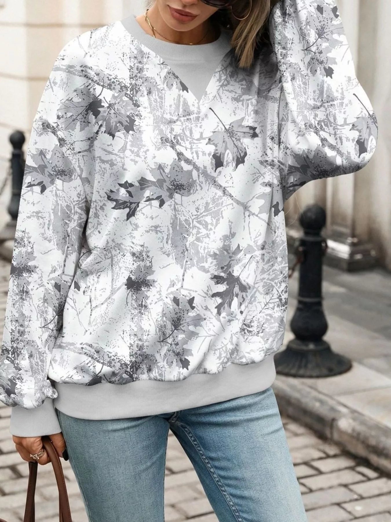 Trendsi Leaf Print Sweatshirt with Contrasting Trim -