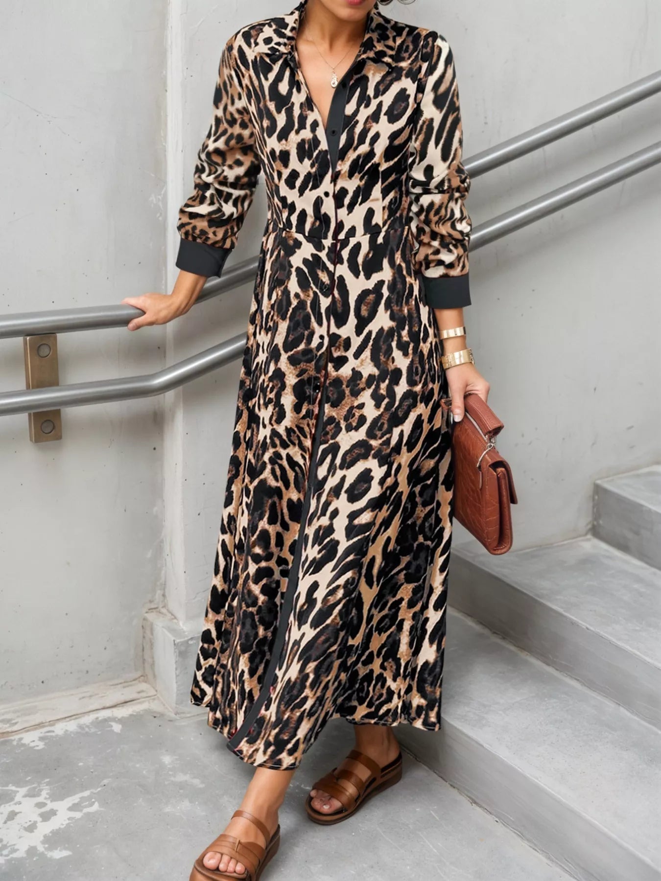 Trendsi Leopard Print Long Sleeve Shirt Dress with Contrast Trim -