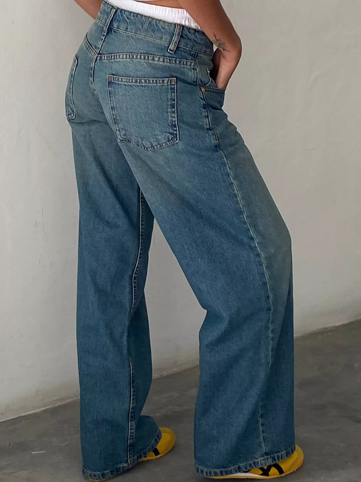 Wide-Leg Vintage Wash Jeans in washed blue, back view