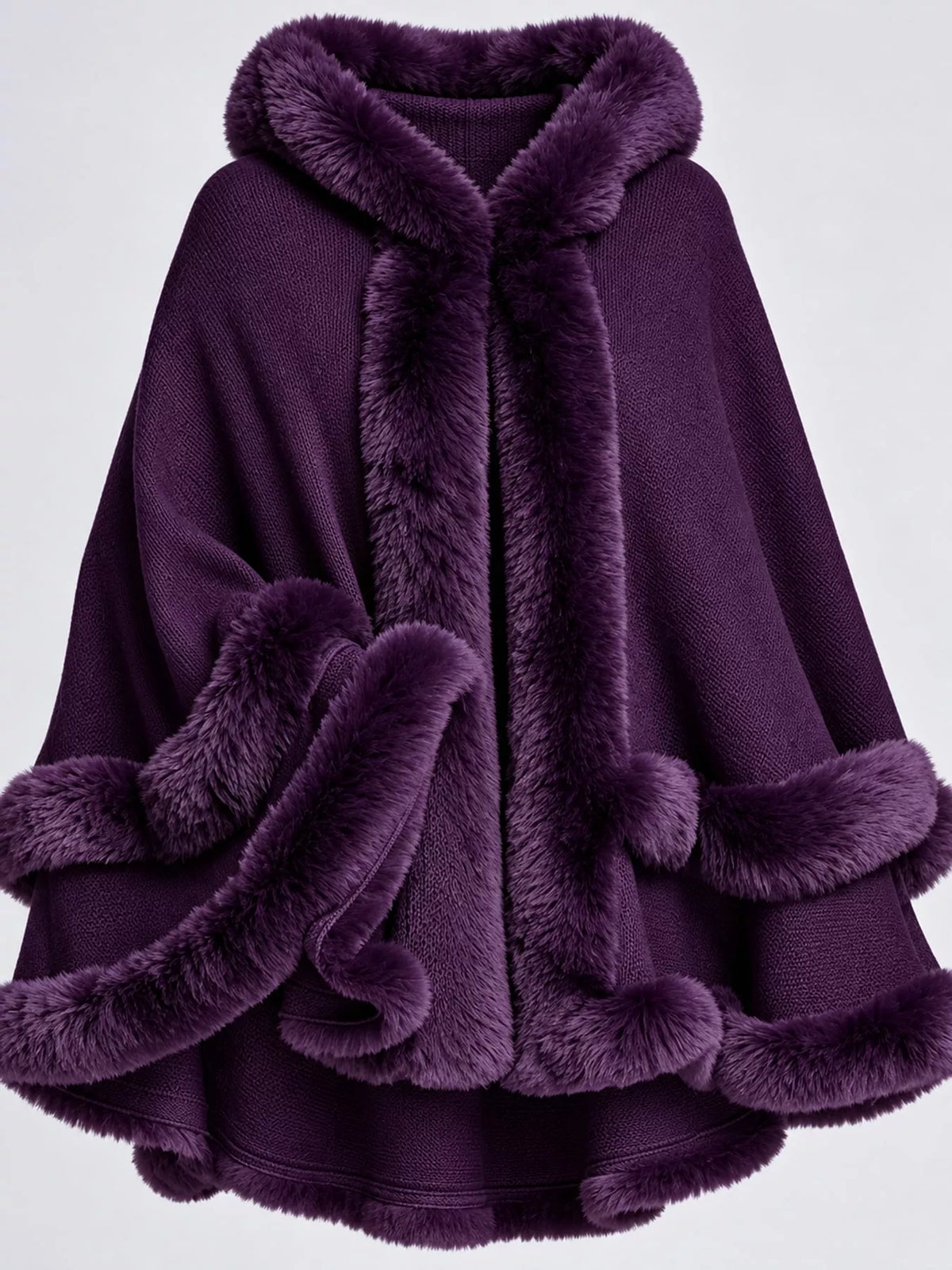 Faux-fur-trim cape, purple trim detail