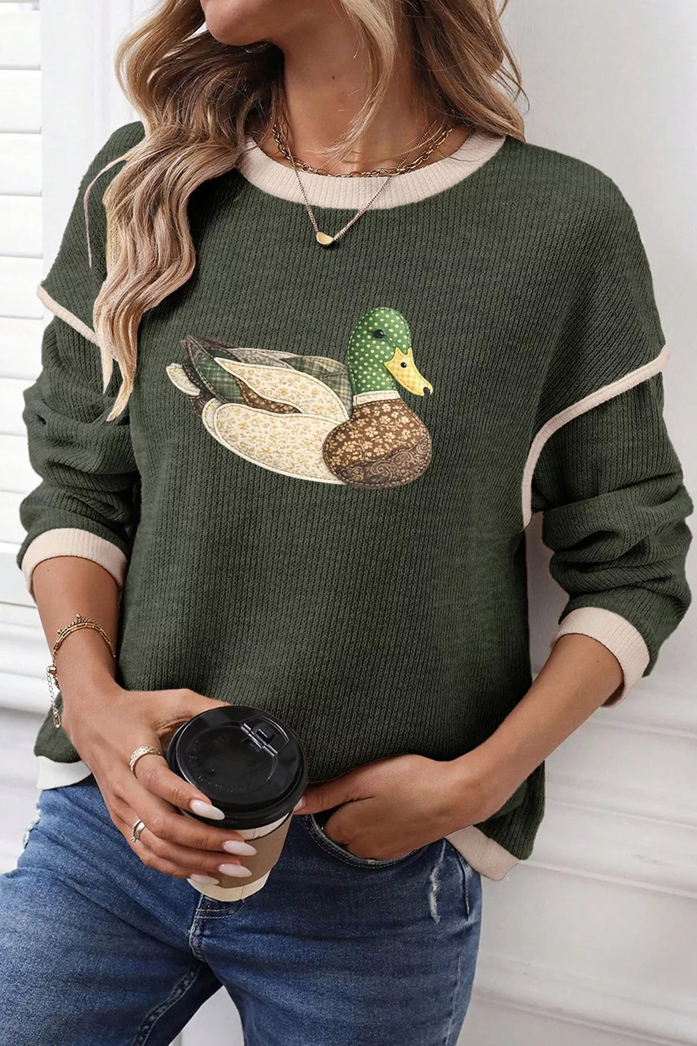 Trendsi Duck Graphic Contrast Trim Patchwork Casual Knit Top -