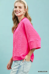 Trendsi Round Neck Textured Floral Terry Blouse -
