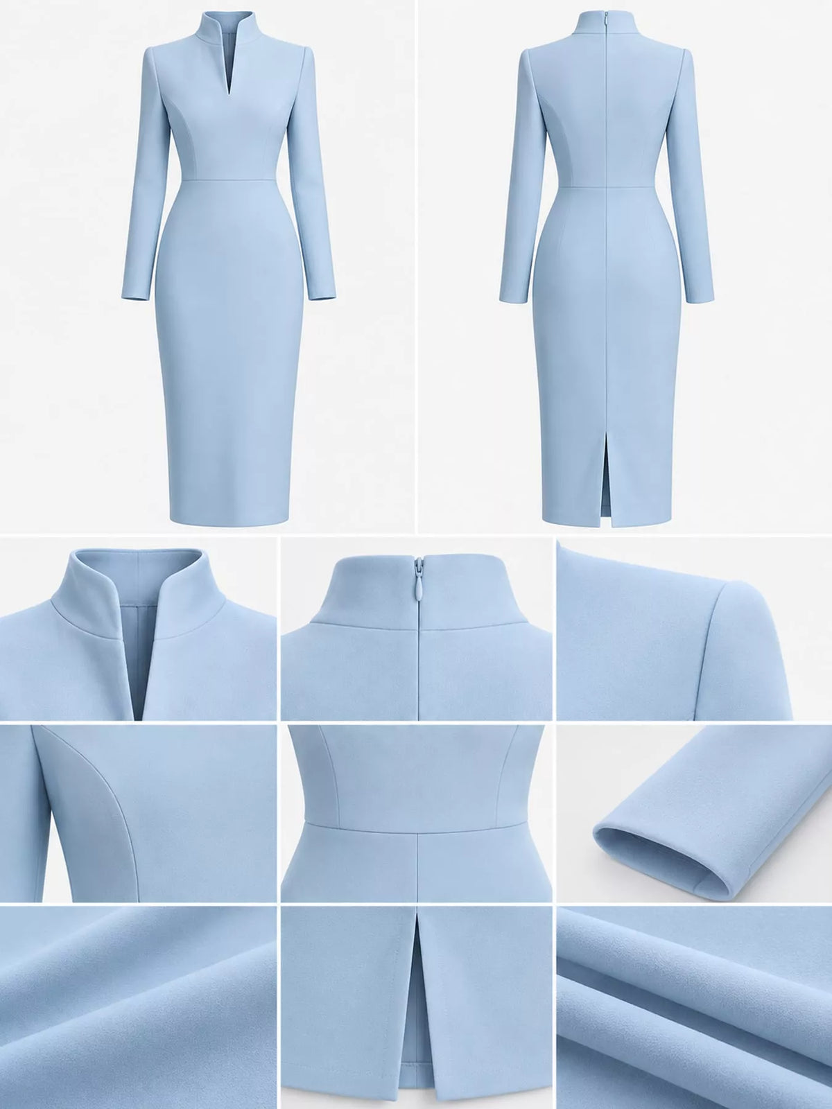 Women's Stand-Collar Long-Sleeve Midi Dress in light blue — detail collage view