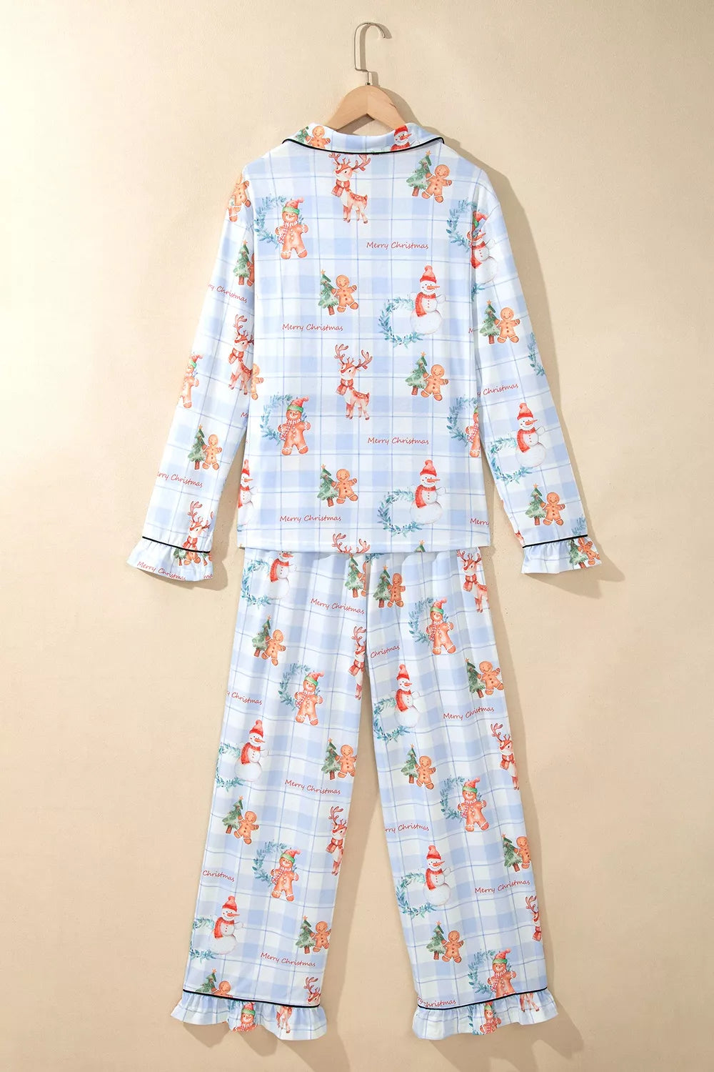 Light blue Christmas print plaid pajama set, back product view
