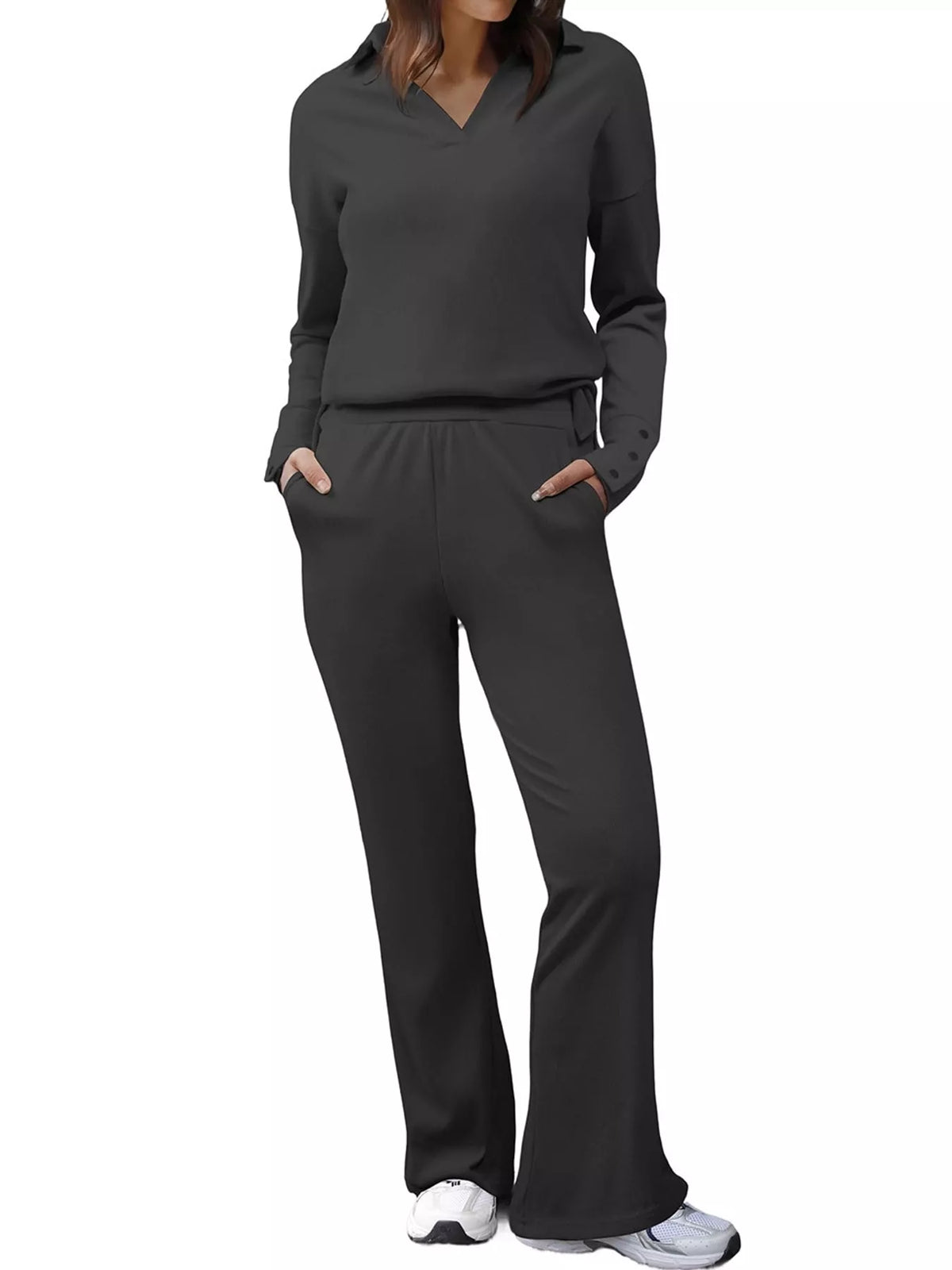 Long Sleeve Polo Collar Top and Pants Set — front view