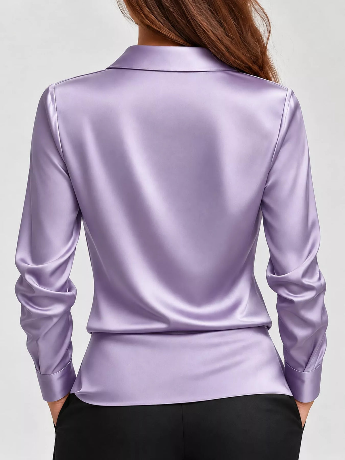 Lavender satin cowl neck blouse, back view