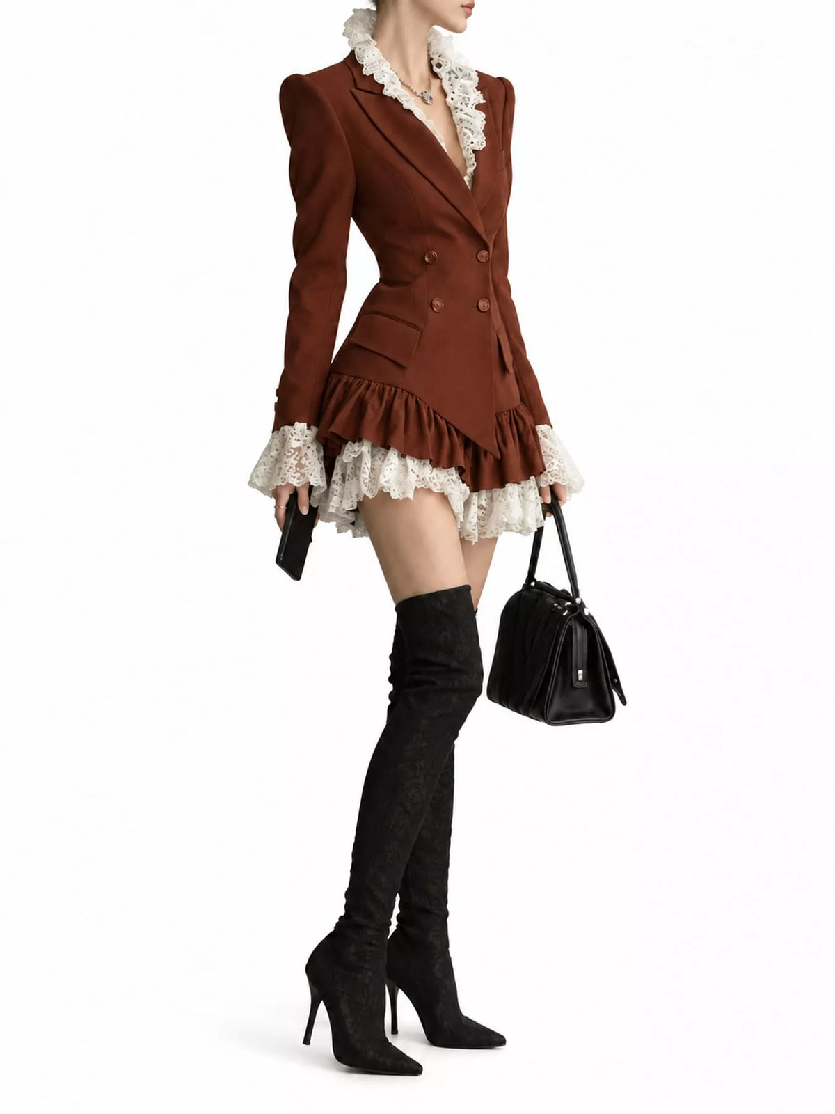 Rust brown lace trim blazer dress, side view