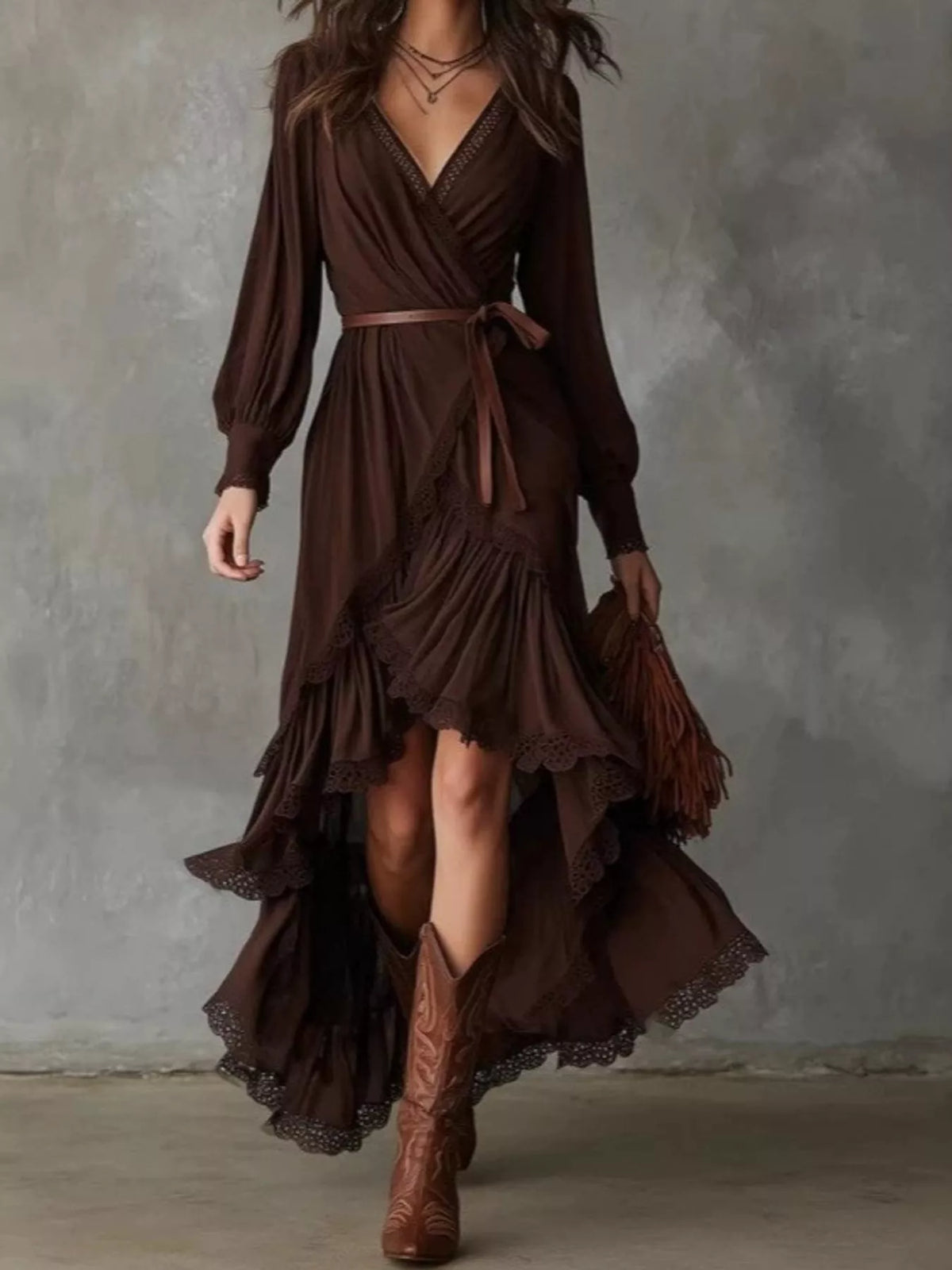 High-Low Hem Surplice Dress in dark brown