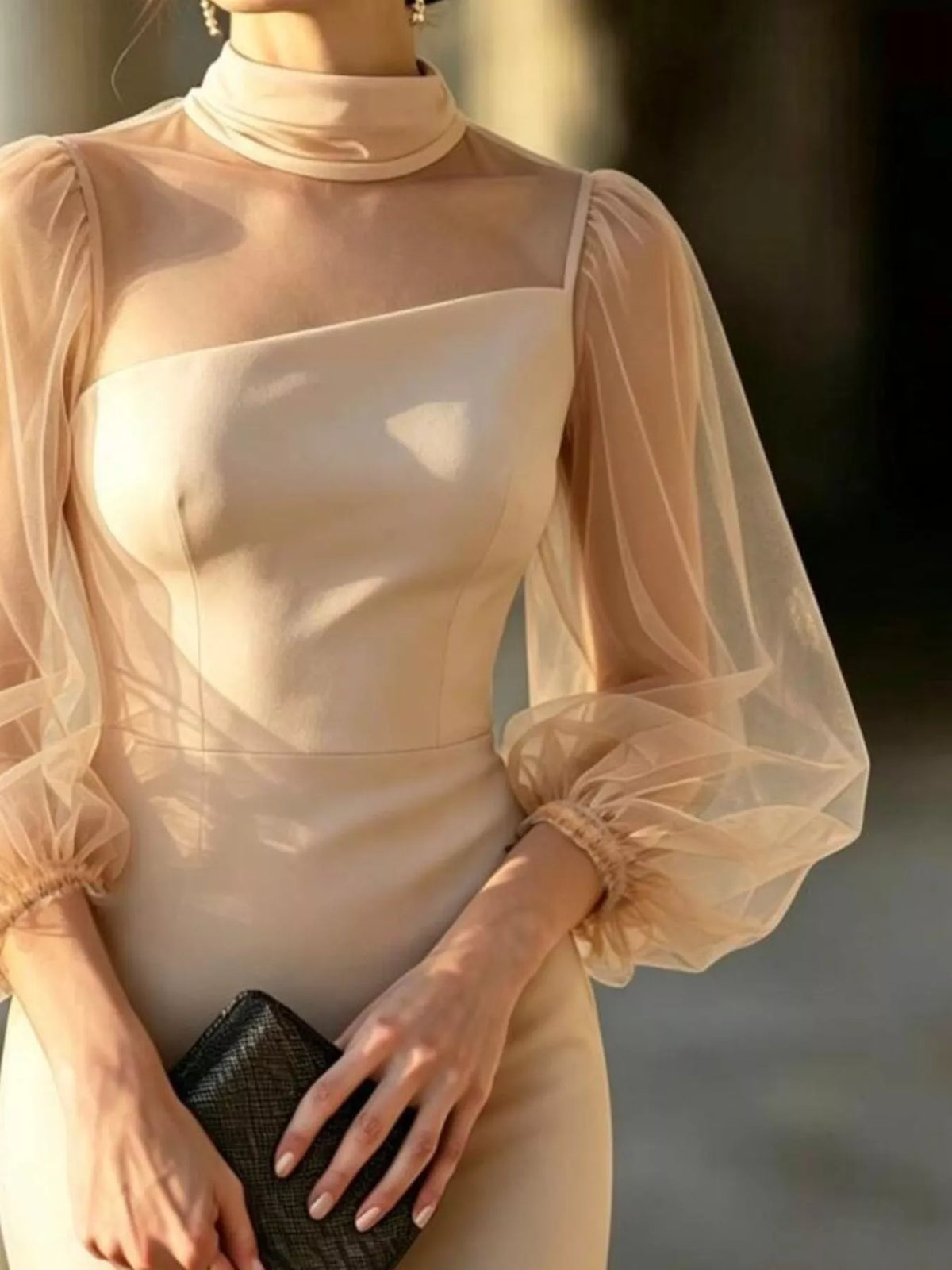 Beige Mock Neck Sheer Puff Sleeve Bodycon Dress back view