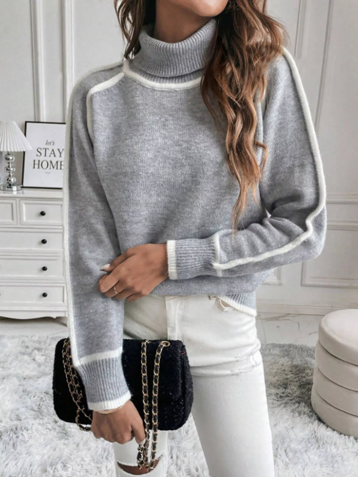 Women's Contrast Trim Ribbed Hem Turtleneck Sweater in Cherry Red, alternate view