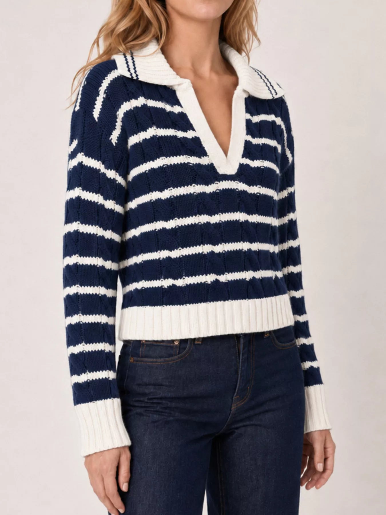 Trendsi Striped Johnny Collar Dropped Shoulder Sweater -