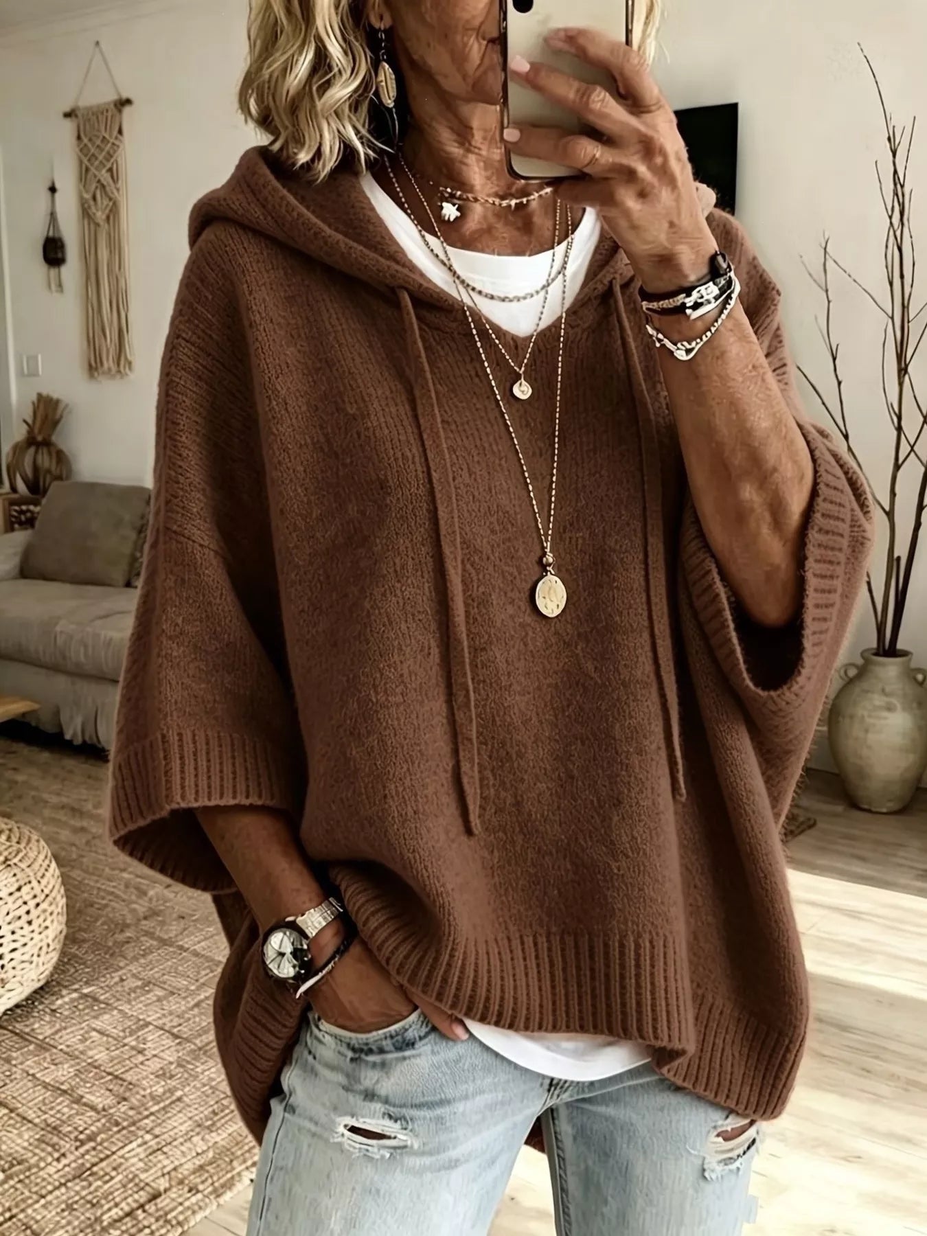 Trendsi Full Size Casual Hooded Batwing Sleeve Knit Sweater Plus Size -