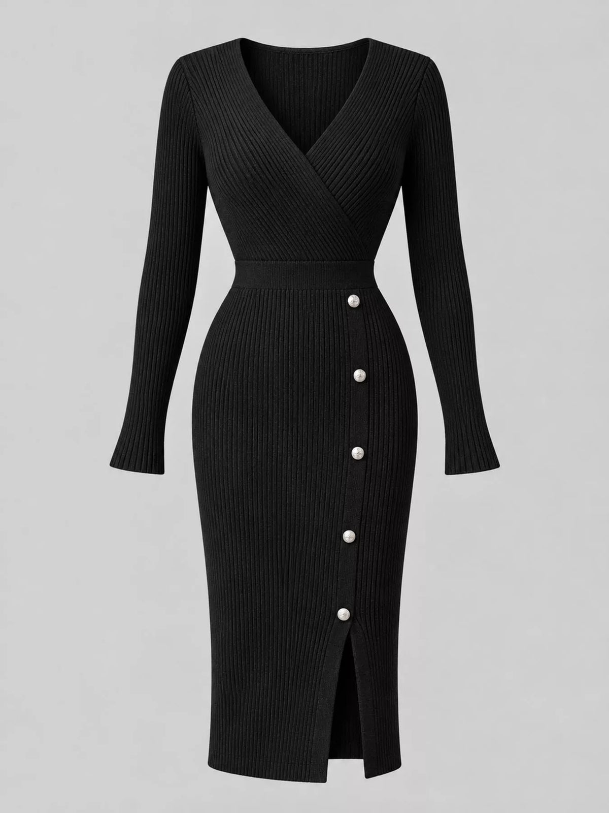 Black decorative button ribbed knit sweater dress, front view