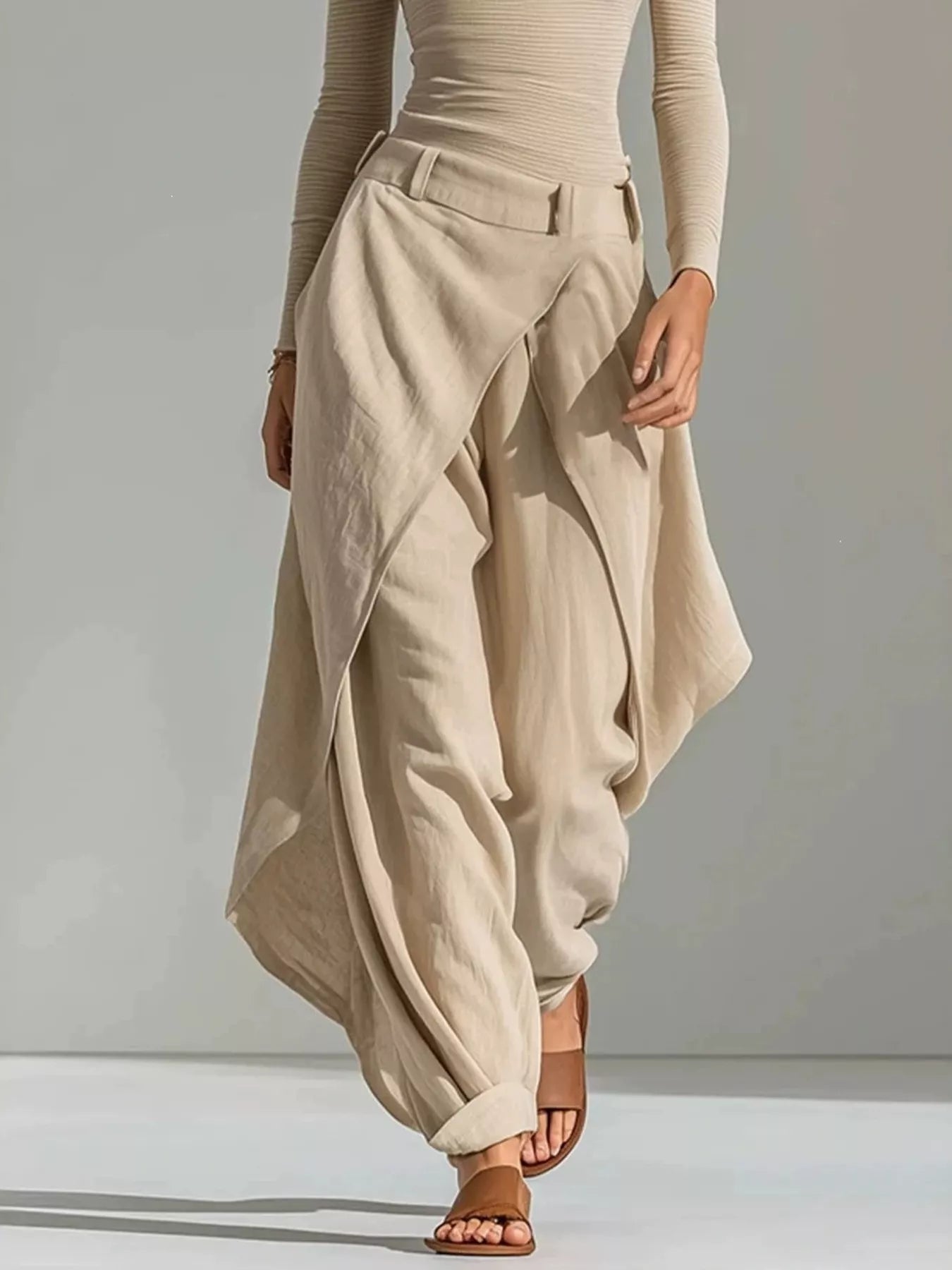 Boat-neck long sleeve top and wide-leg pants set