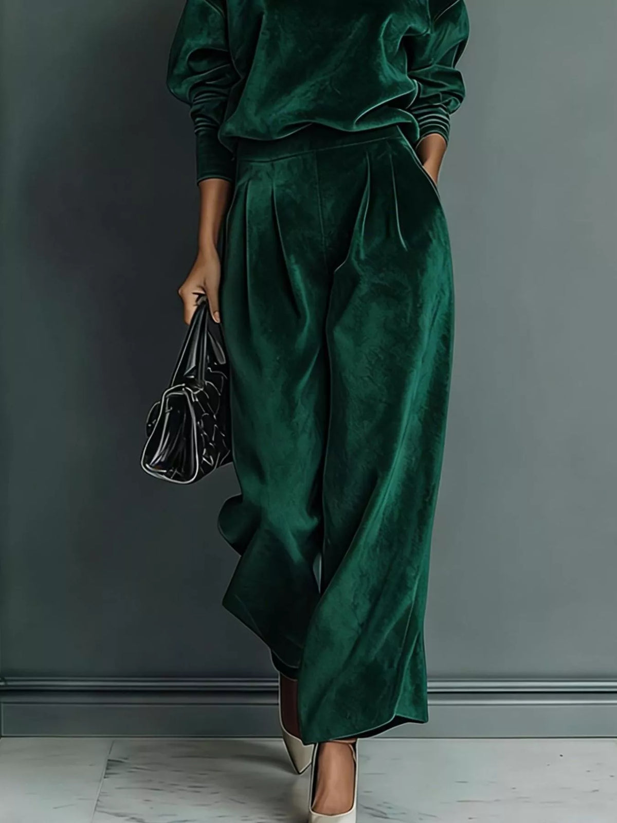 Green velvet mock-neck top and wide-leg pants set, wide-leg pants detail.